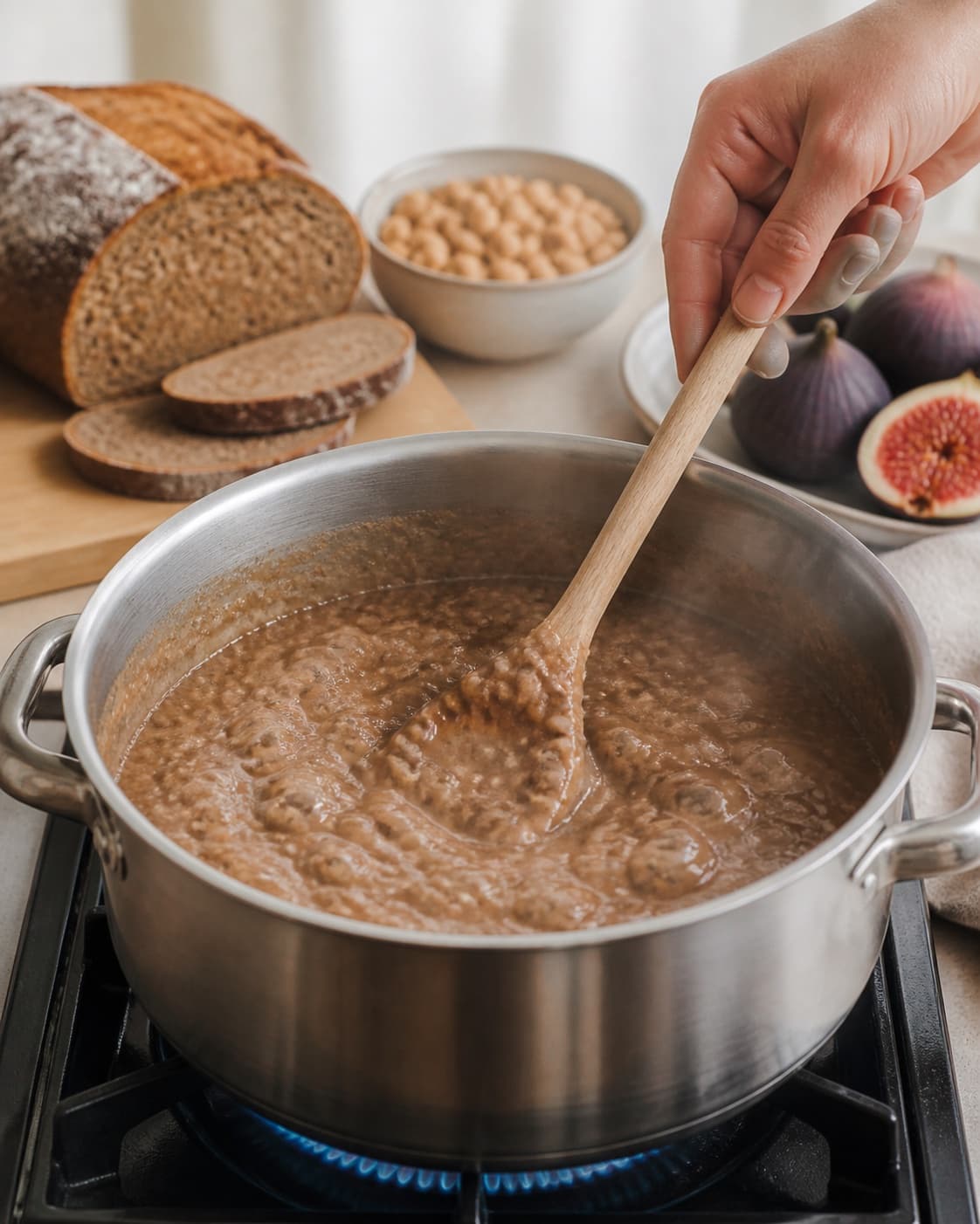 øllebrød med flødeskum gently simmering with visible ingredients under tilberedningen af øllebrød med flødeskum