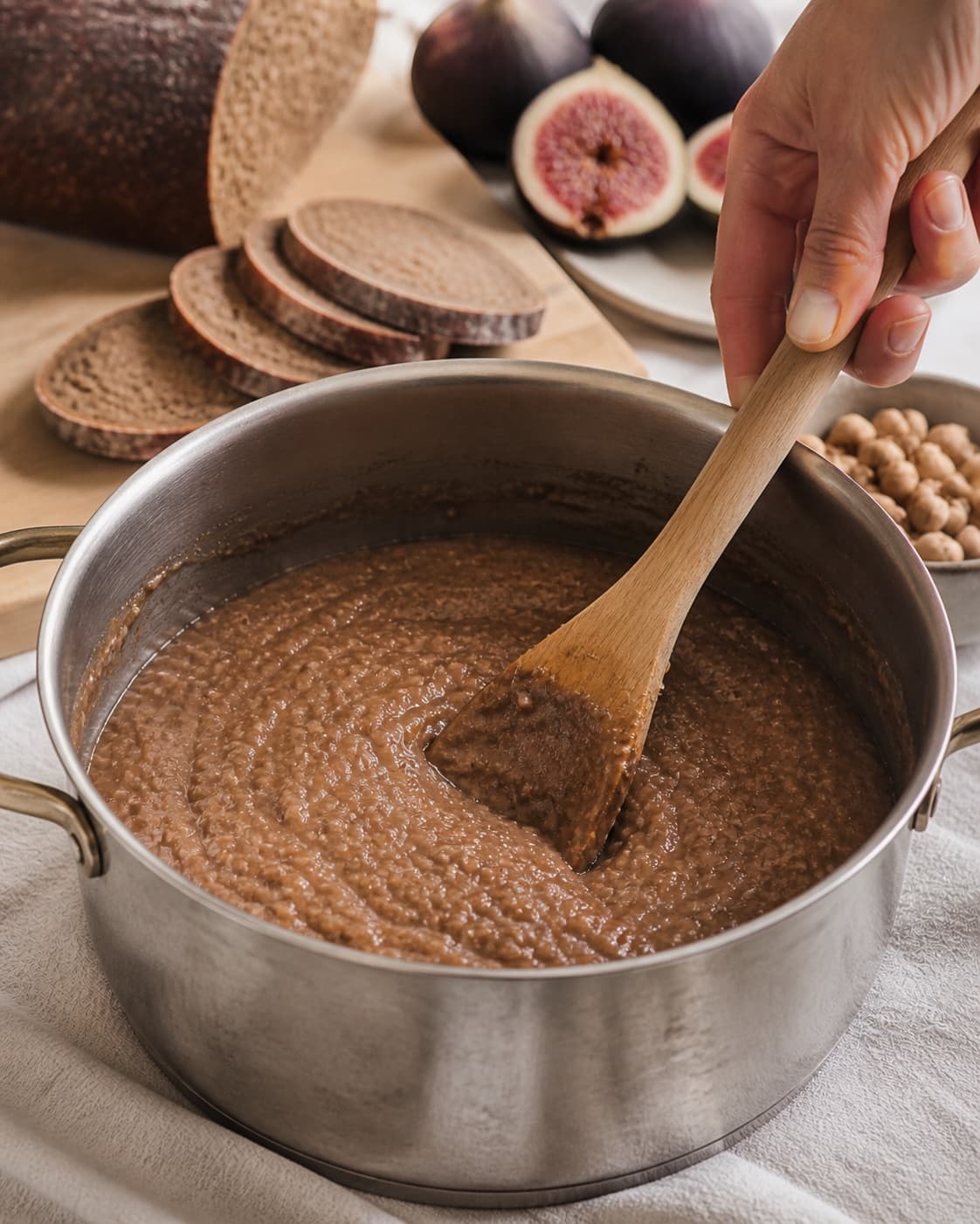 The texture of øllebrød med flødeskum being adjusted in the pot under tilberedningen af øllebrød med flødeskum
