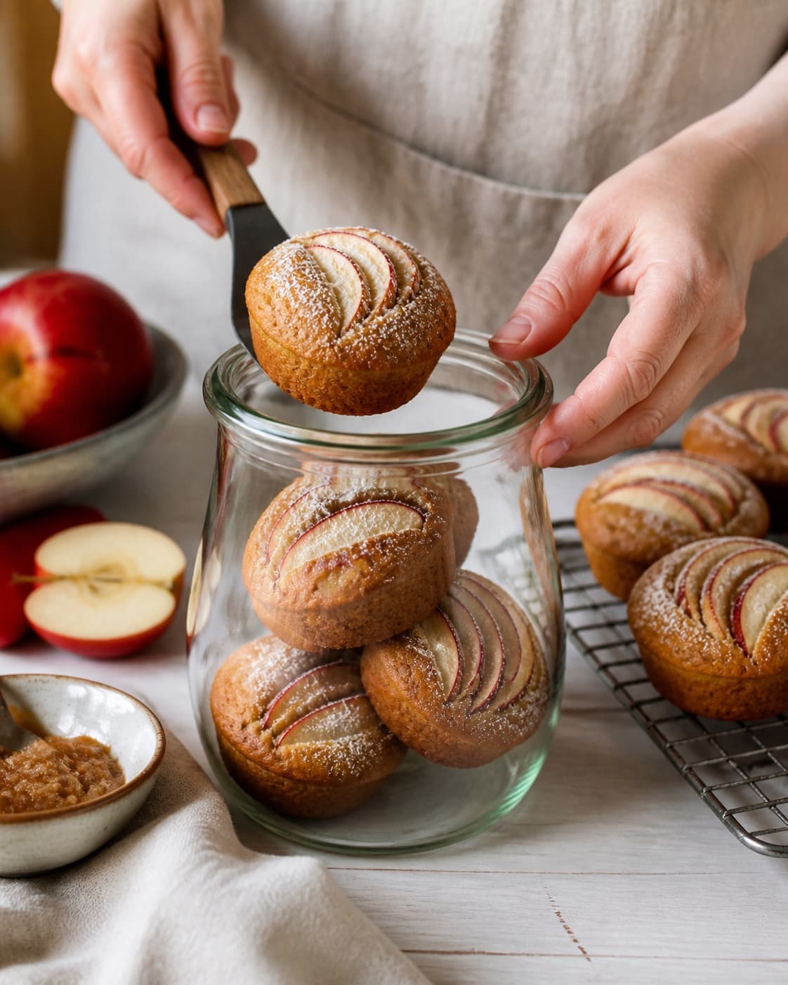 Hot finished æblemuffins med marcipan og æblesmør being carefully transferred into a clean jar under tilberedningen af æblemuffins med marcipan og æblesmør