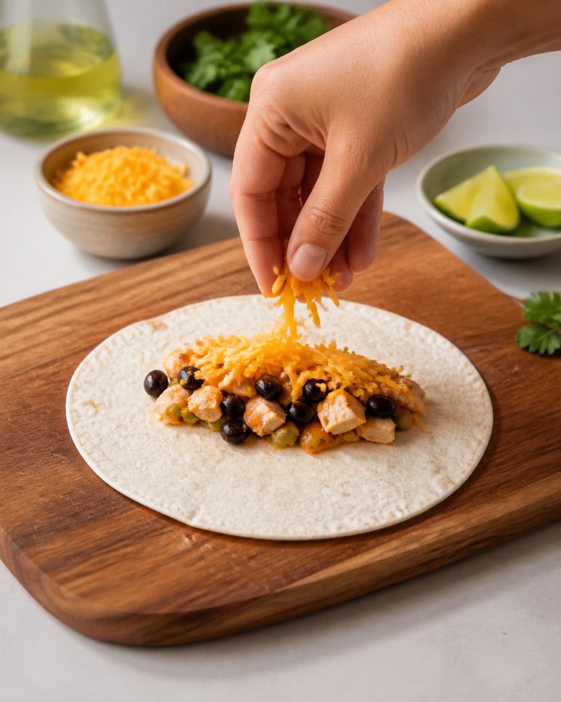 Equal portions of quesadillas med kylling, cheddar og bønner being formed under tilberedningen af quesadillas med kylling, cheddar og bønner