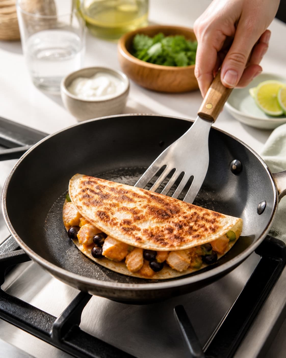 quesadillas med kylling, cheddar og bønner frying to an even golden crust in a pan under tilberedningen af quesadillas med kylling, cheddar og bønner