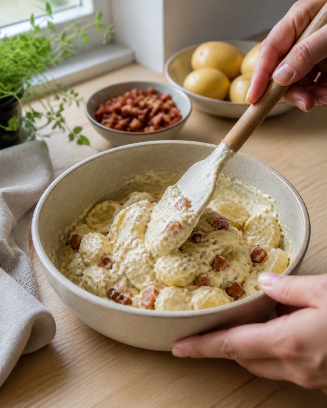 The batter or dough for kartoffeltærte med bacon being gently combined under tilberedningen af kartoffeltærte med bacon