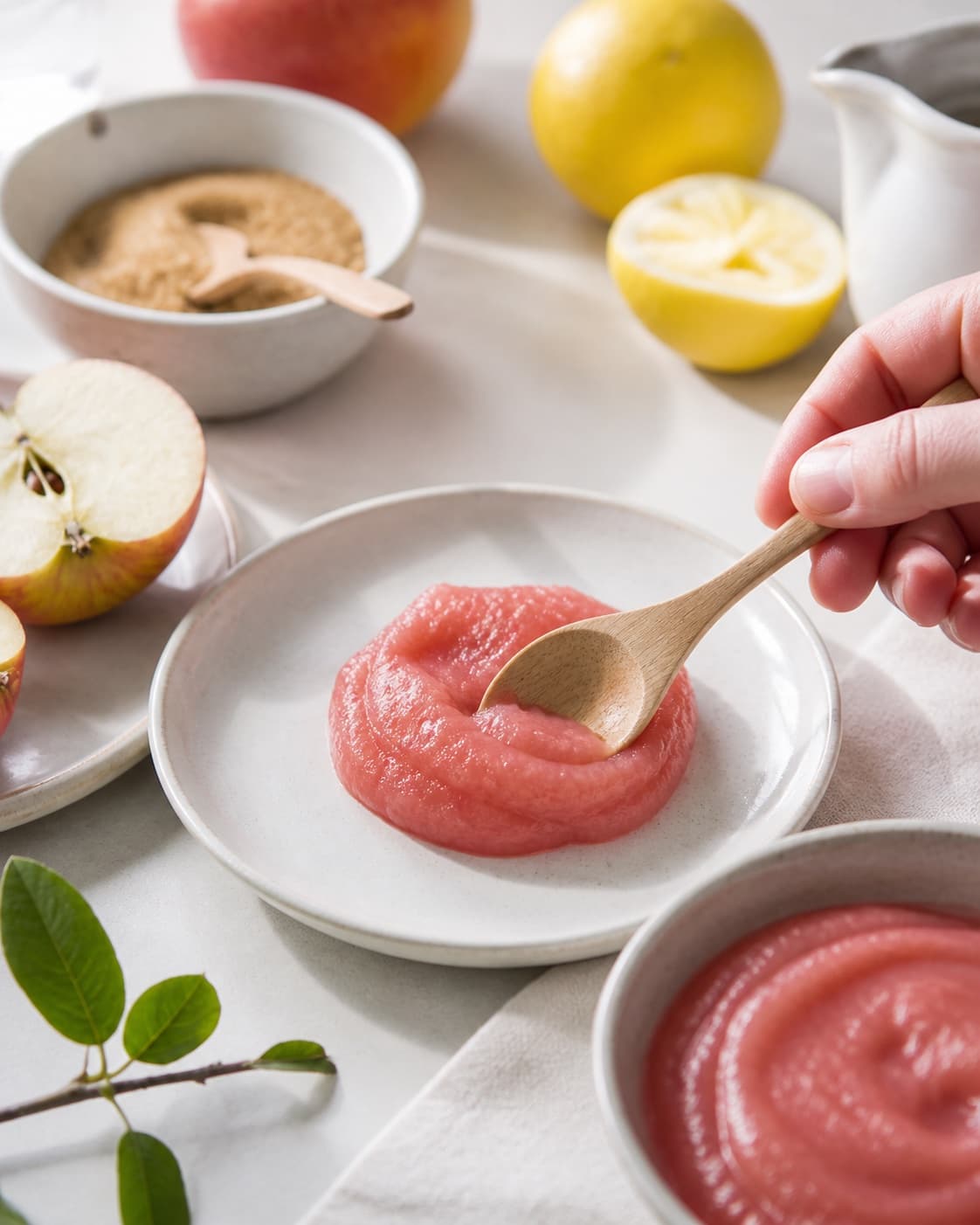 A chilled consistency test for æblesmør on a small plate under tilberedningen af æblesmør