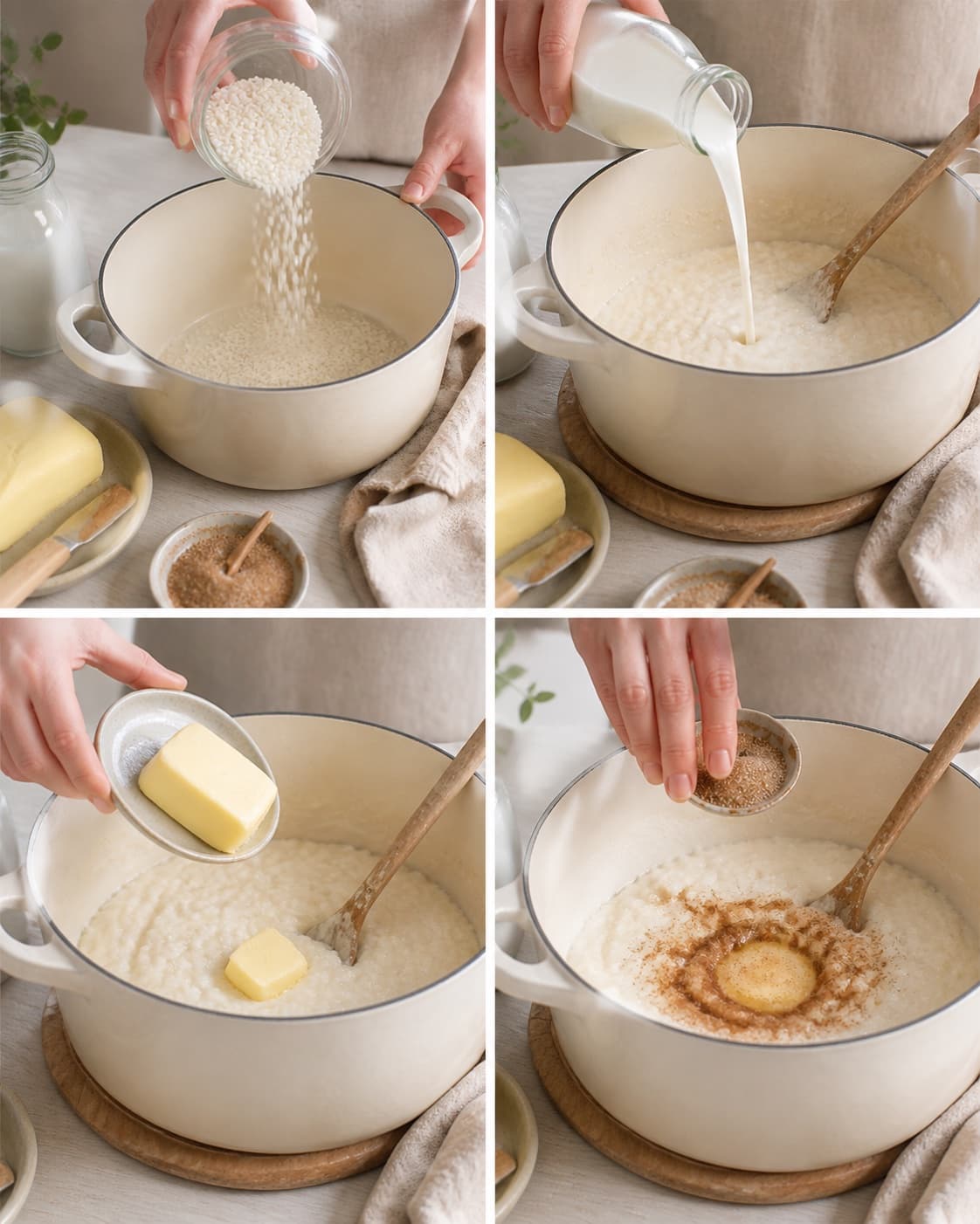 Mise en place for risengrød og guide til forskellige tilberedninger with grødris, sødmælk, smør, kanelsukker under tilberedningen af risengrød og guide til forskellige tilberedninger