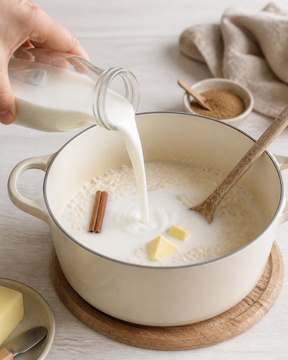 Aromatic base for risengrød og guide til forskellige tilberedninger gently cooking in a pot under tilberedningen af risengrød og guide til forskellige tilberedninger