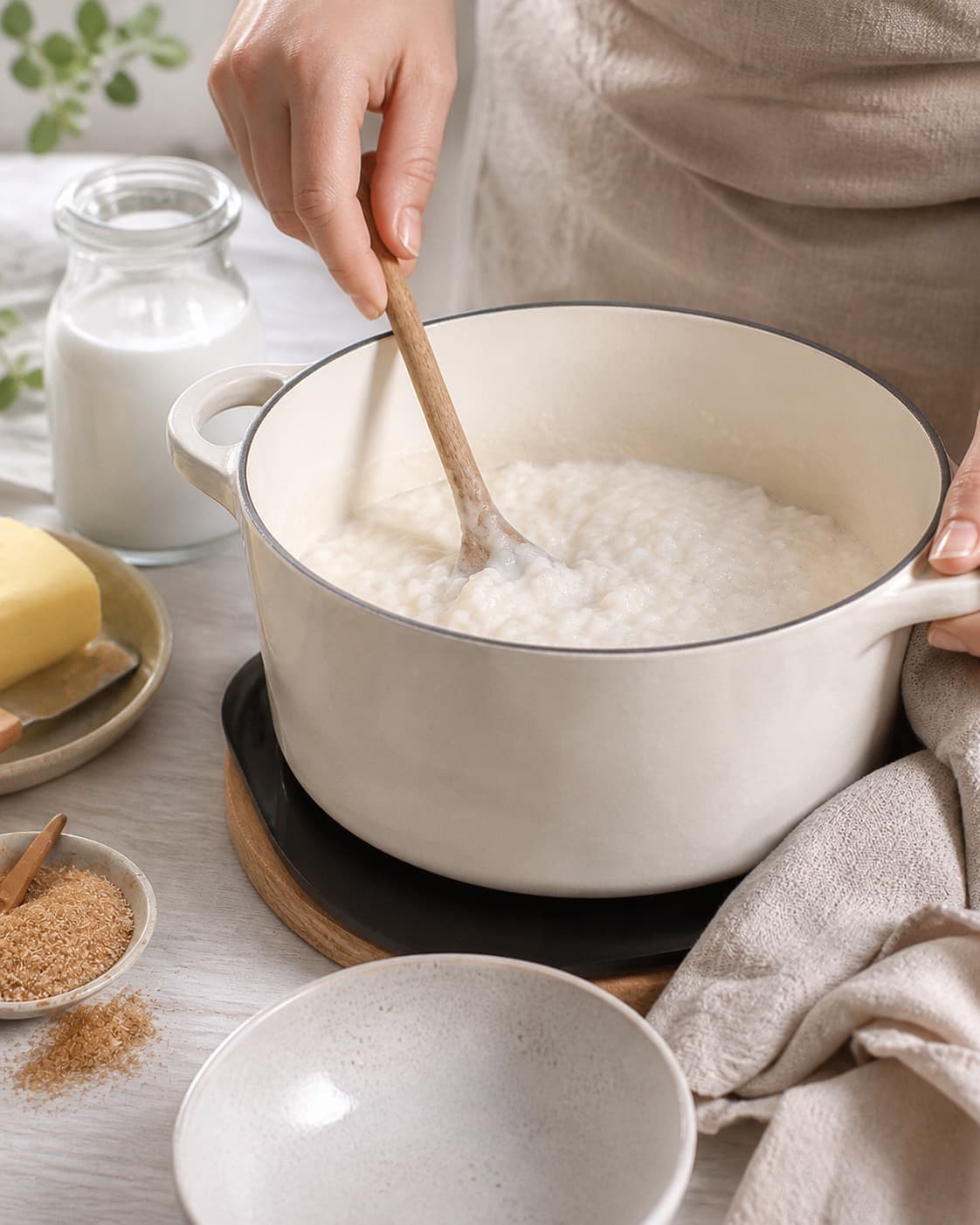 risengrød og guide til forskellige tilberedninger gently simmering with visible ingredients under tilberedningen af risengrød og guide til forskellige tilberedninger