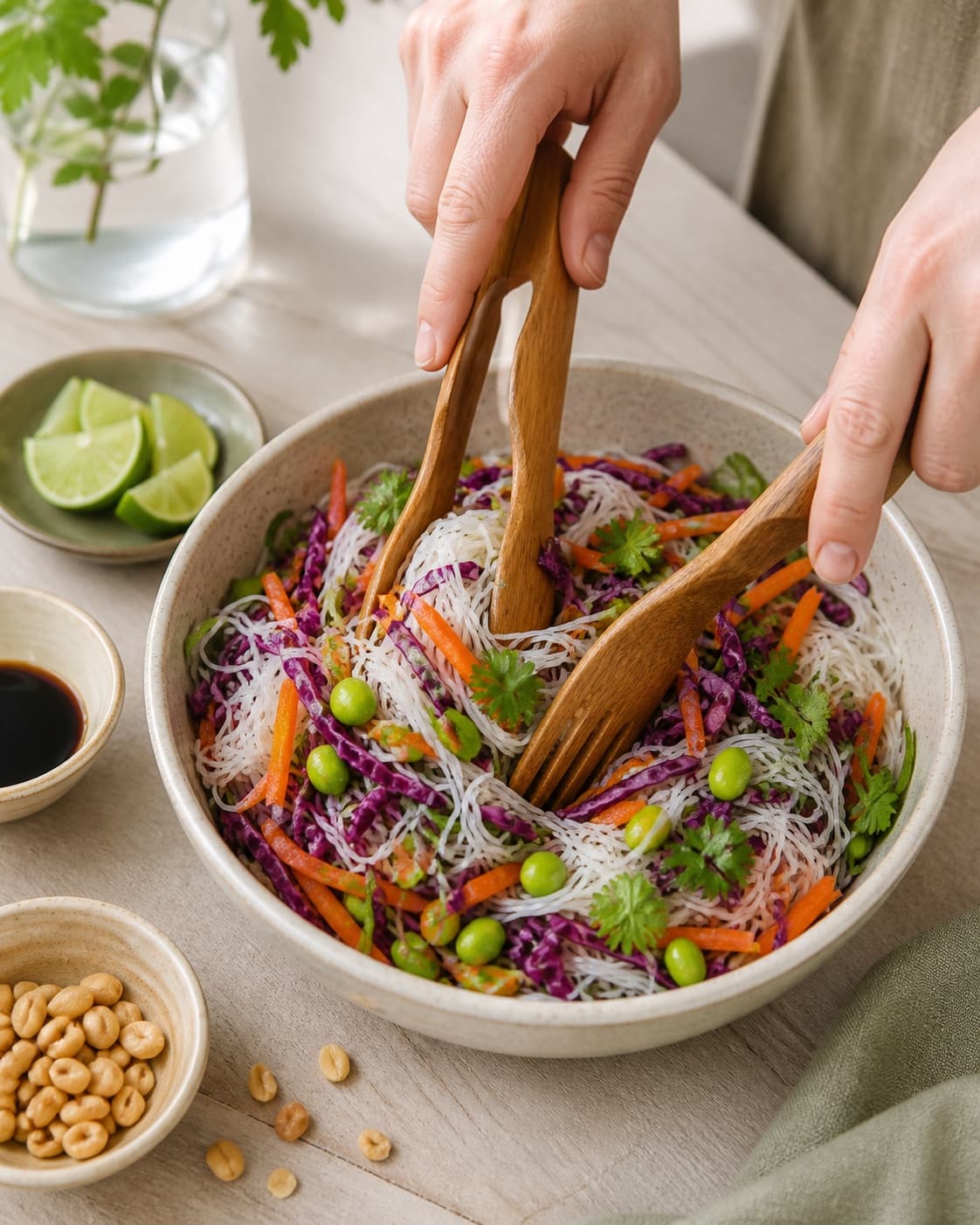 Clean prepared ingredients for asiatisk nudelsalat with risnudler, sprøde grøntsager, sojasauce, økologisk citron under tilberedningen af asiatisk nudelsalat