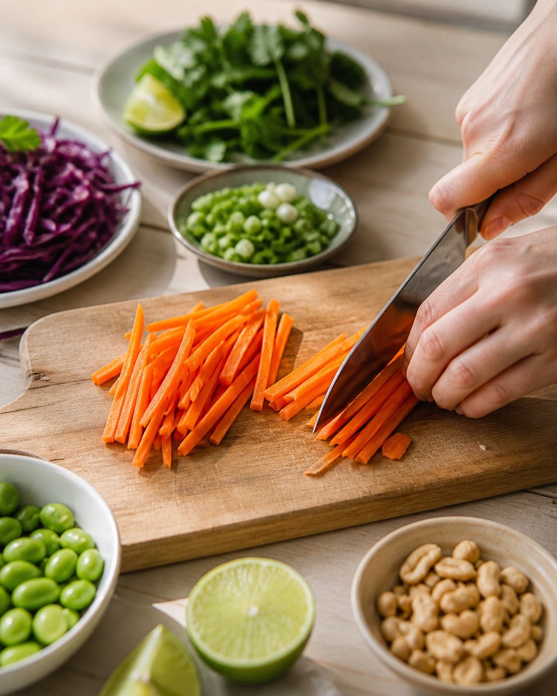 Ingredients for asiatisk nudelsalat being cut into even pieces under tilberedningen af asiatisk nudelsalat