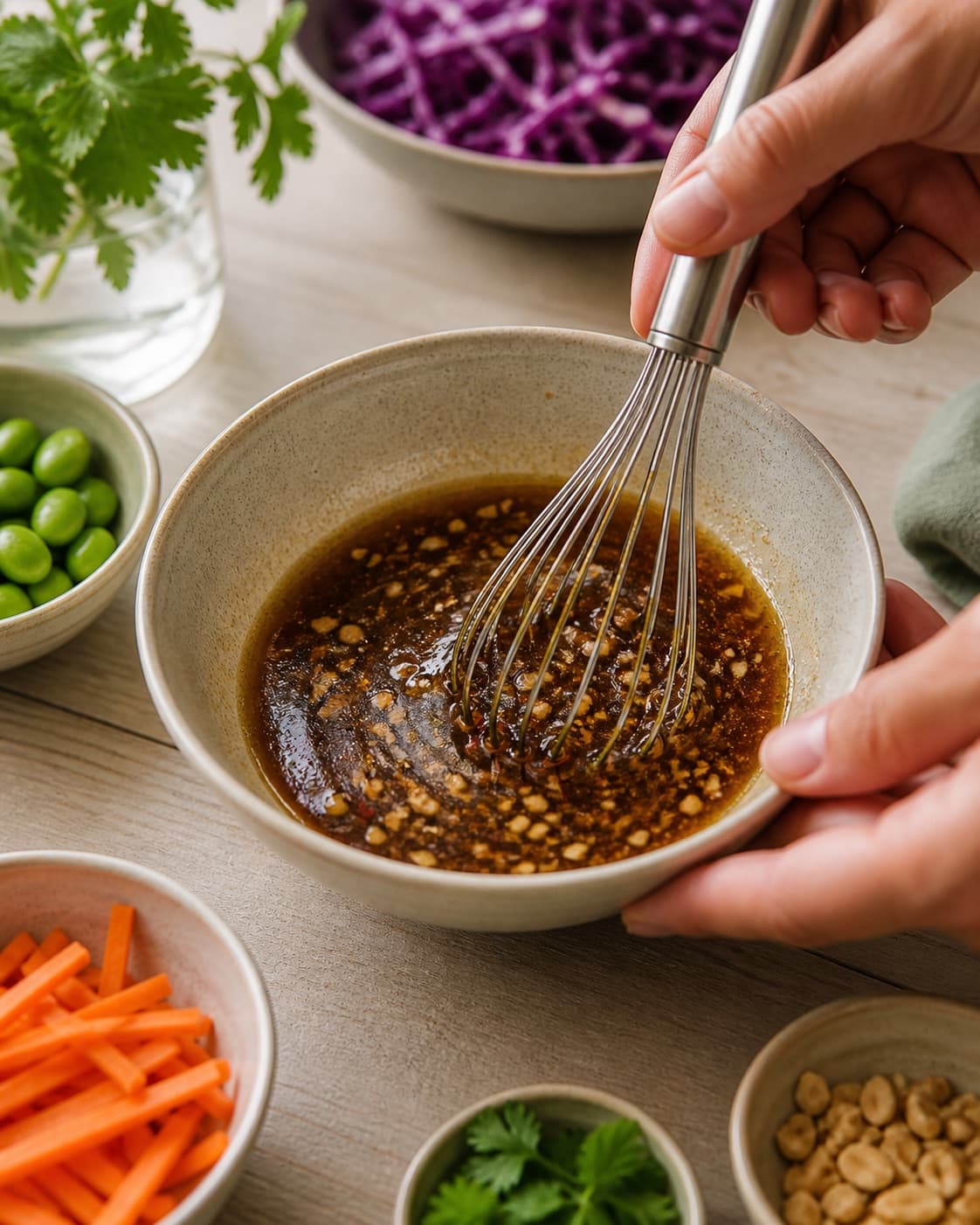 Dressing for asiatisk nudelsalat being whisked until glossy under tilberedningen af asiatisk nudelsalat