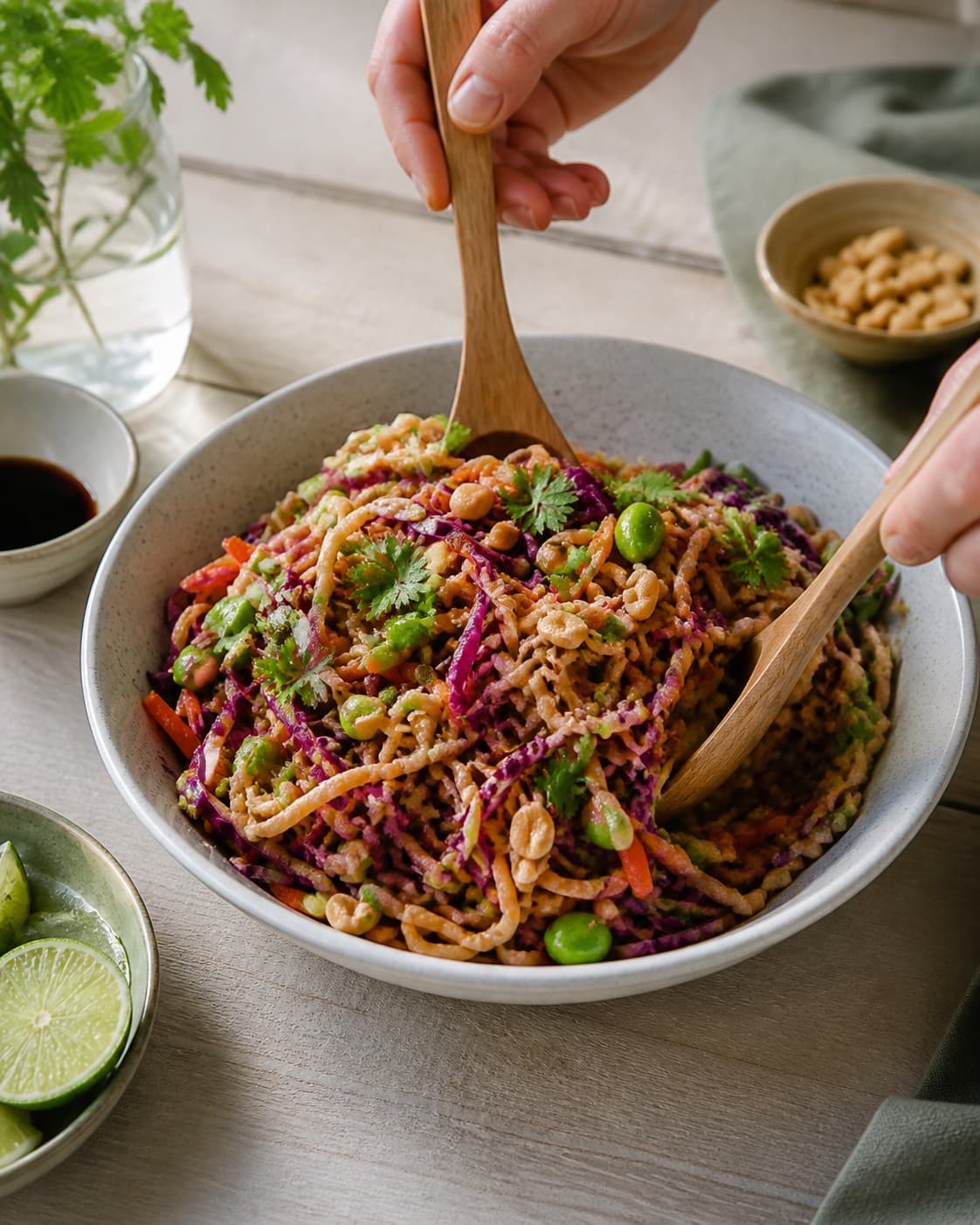 asiatisk nudelsalat being gently combined without crushing the ingredients under tilberedningen af asiatisk nudelsalat