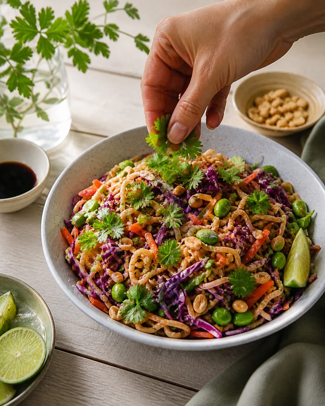 Fresh finished asiatisk nudelsalat receiving its final garnish under tilberedningen af asiatisk nudelsalat