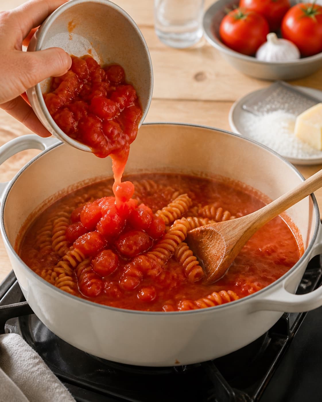 Sauce base for pasta med tomatsauce cooking gently with modne tomater, tørret pasta, hvidløg, parmesan under tilberedningen af pasta med tomatsauce