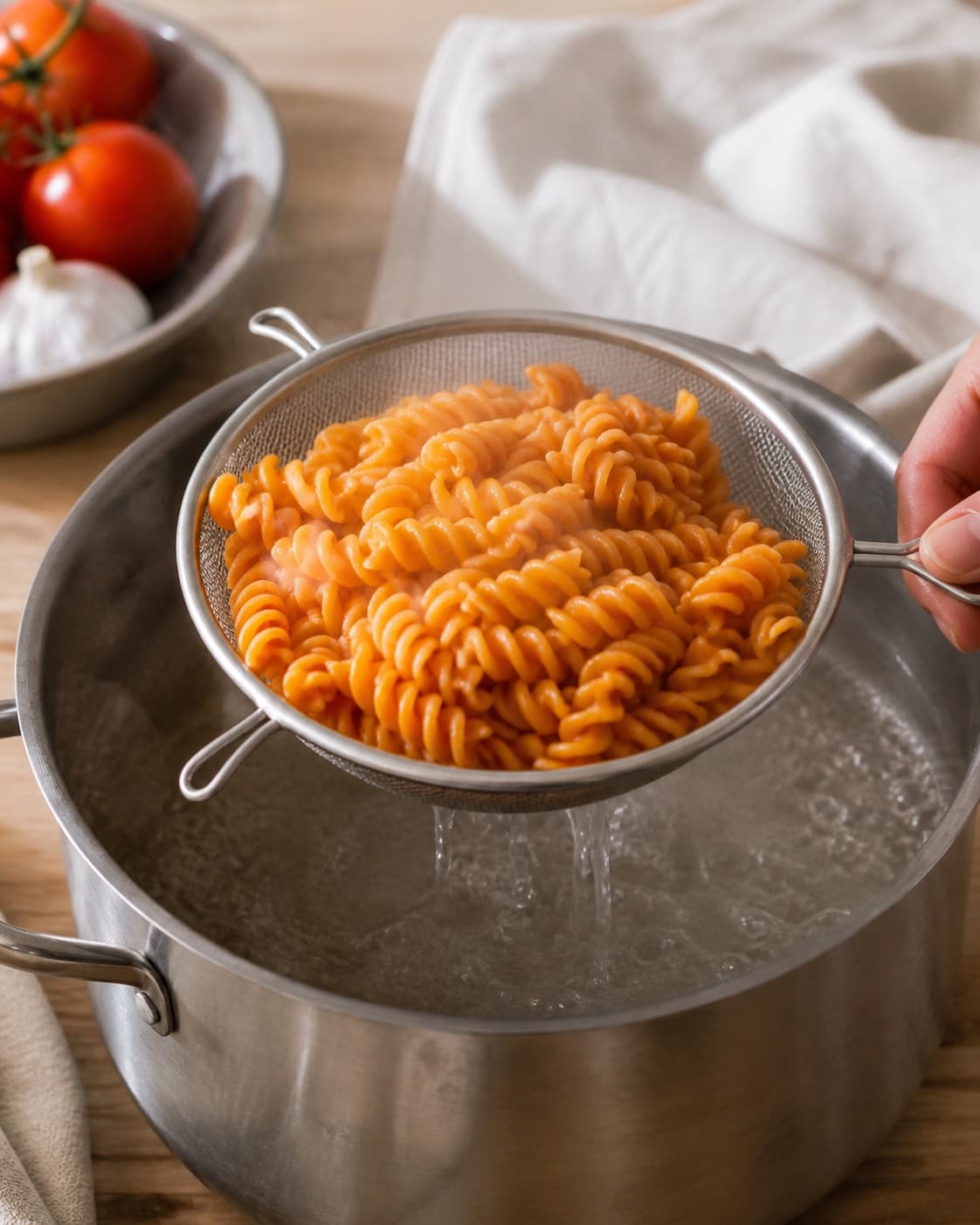 Pasta for pasta med tomatsauce being lifted from boiling water under tilberedningen af pasta med tomatsauce