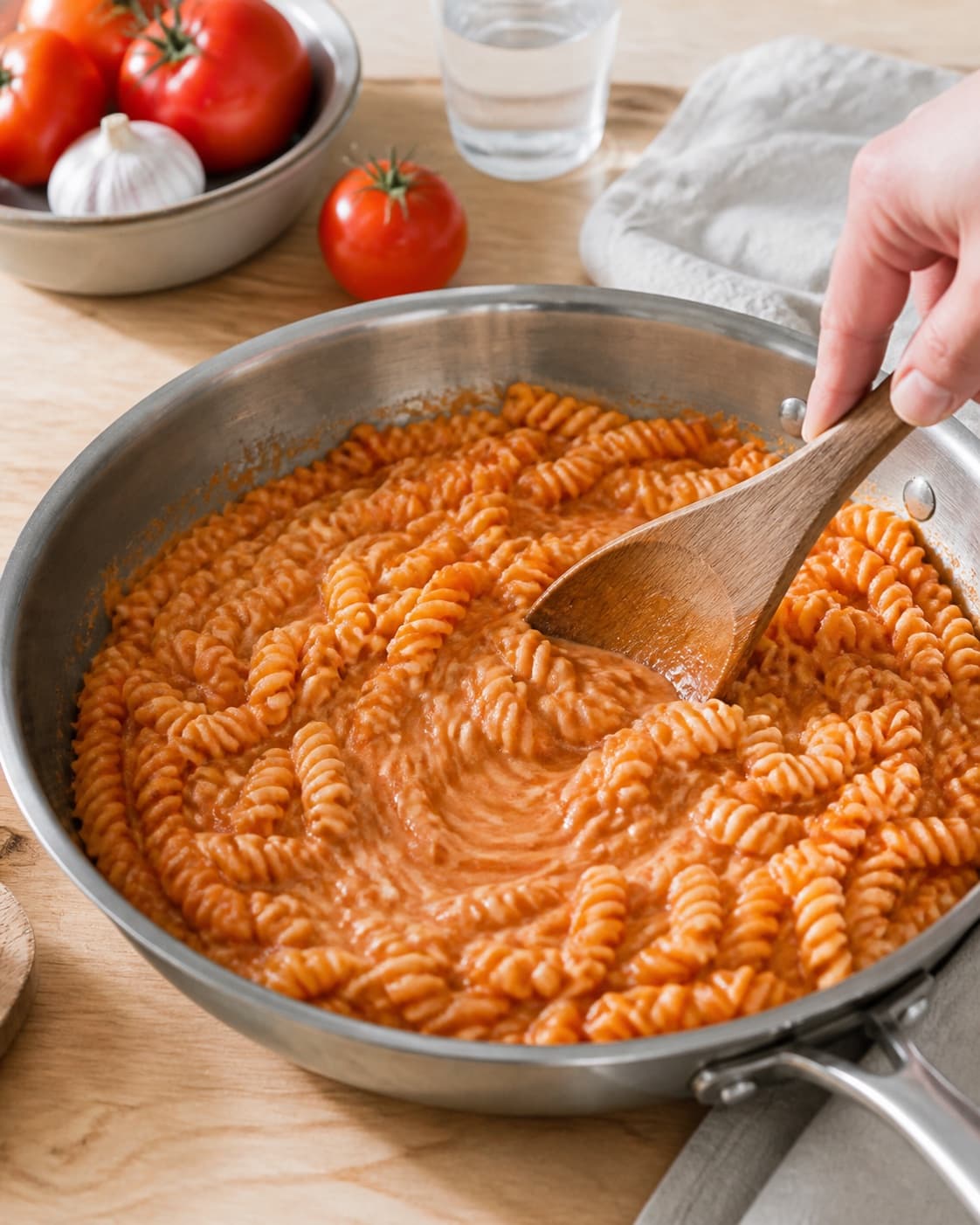 pasta med tomatsauce being emulsified in a broad pan under tilberedningen af pasta med tomatsauce