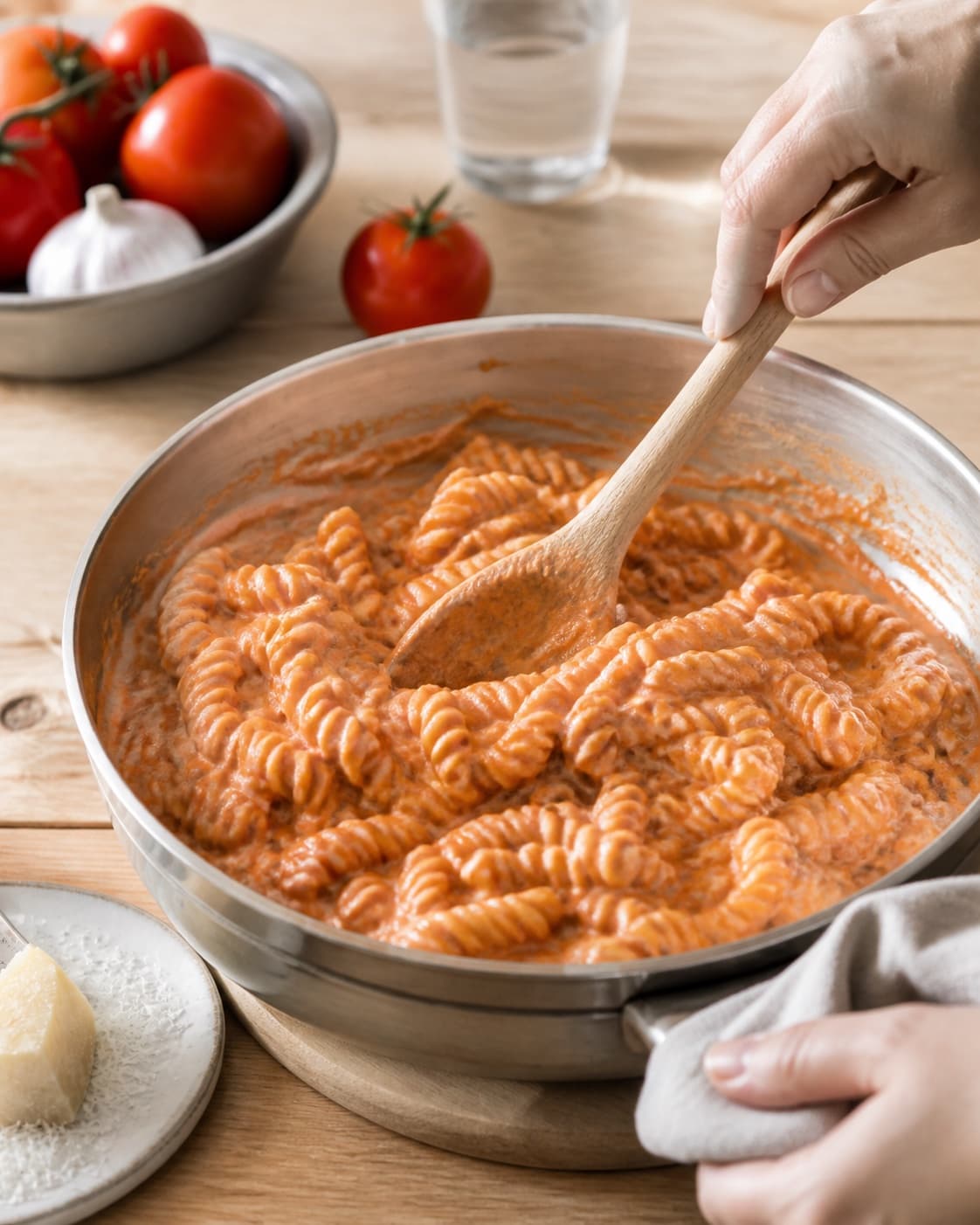 Creamy texture of pasta med tomatsauce being adjusted off the heat under tilberedningen af pasta med tomatsauce