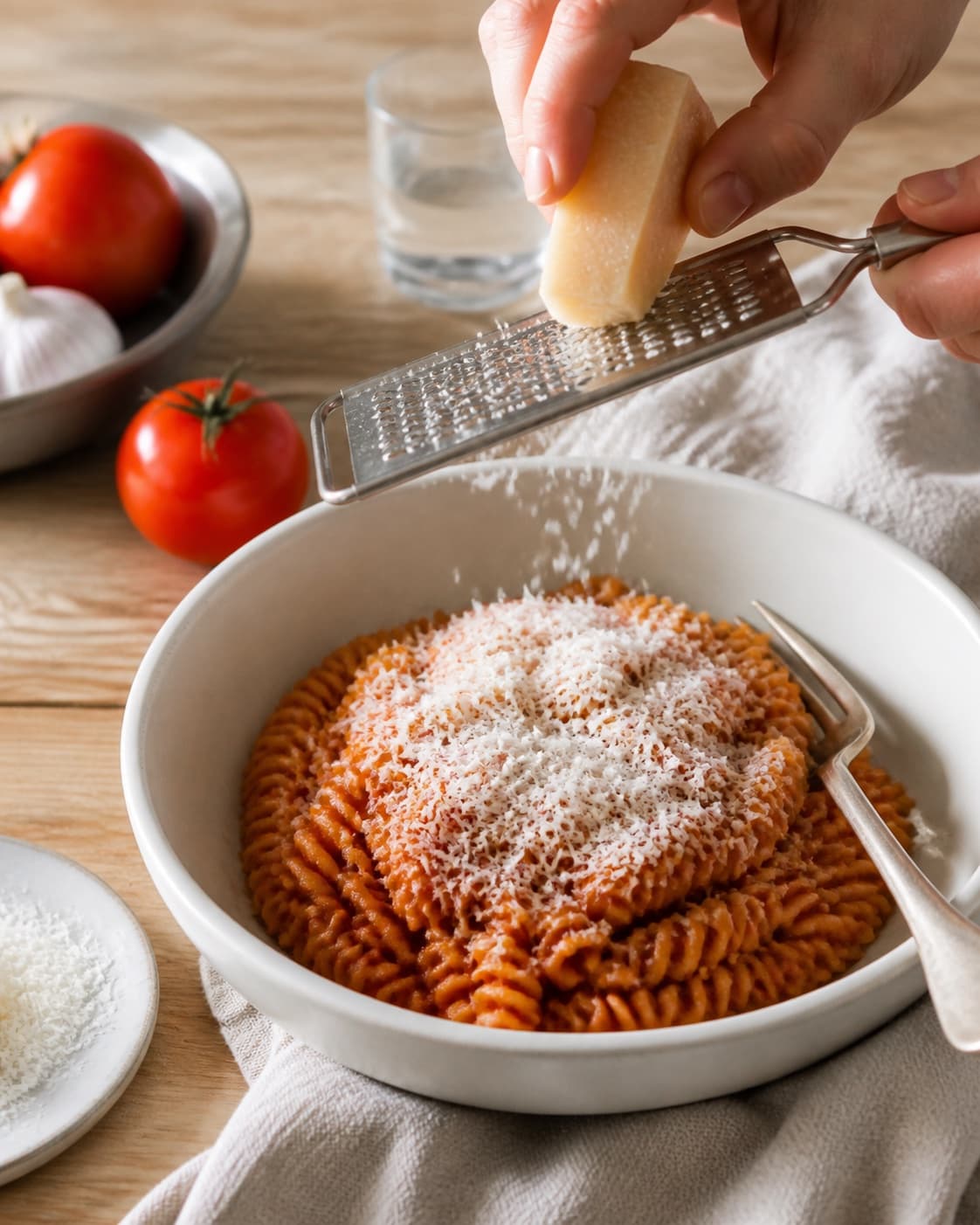 Finished pasta med tomatsauce plated immediately with restrained garnish under tilberedningen af pasta med tomatsauce