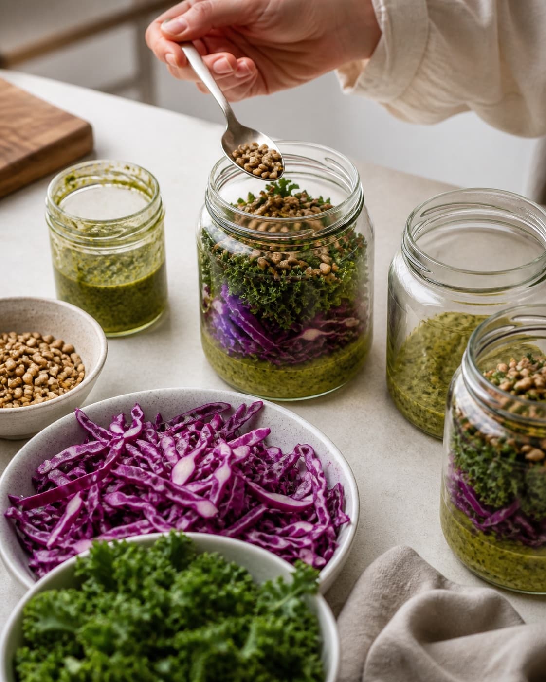 Clean measured ingredients and prepared jars for salat med rødkål og pestoristede solsikkekerner with solsikkekerner, grøn pesto, basilikumpesto, rødkål under tilberedningen af salat med rødkål og pestoristede solsikkekerner