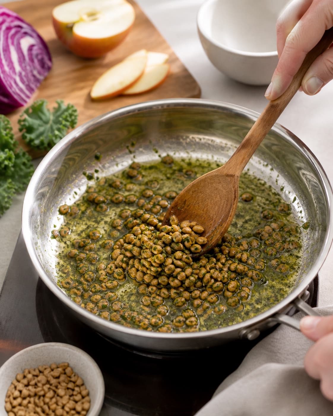 Ingredients for salat med rødkål og pestoristede solsikkekerner gently releasing juice in a pot under tilberedningen af salat med rødkål og pestoristede solsikkekerner
