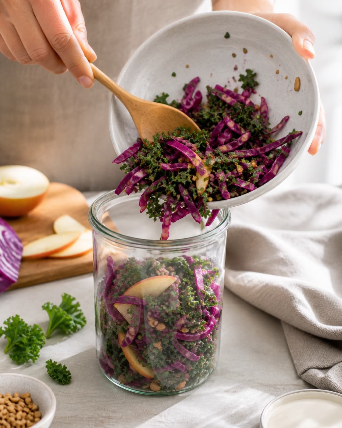 Hot finished salat med rødkål og pestoristede solsikkekerner being carefully transferred into a clean jar under tilberedningen af salat med rødkål og pestoristede solsikkekerner
