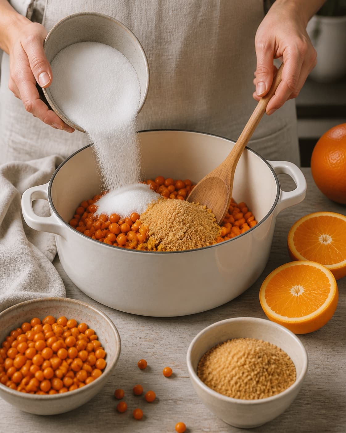 Clean measured ingredients and prepared jars for havtornmarmelade med appelsin og vanilje with havtorn, økologisk appelsin, syltesukker, rørsukker under tilberedningen af havtornmarmelade med appelsin og vanilje