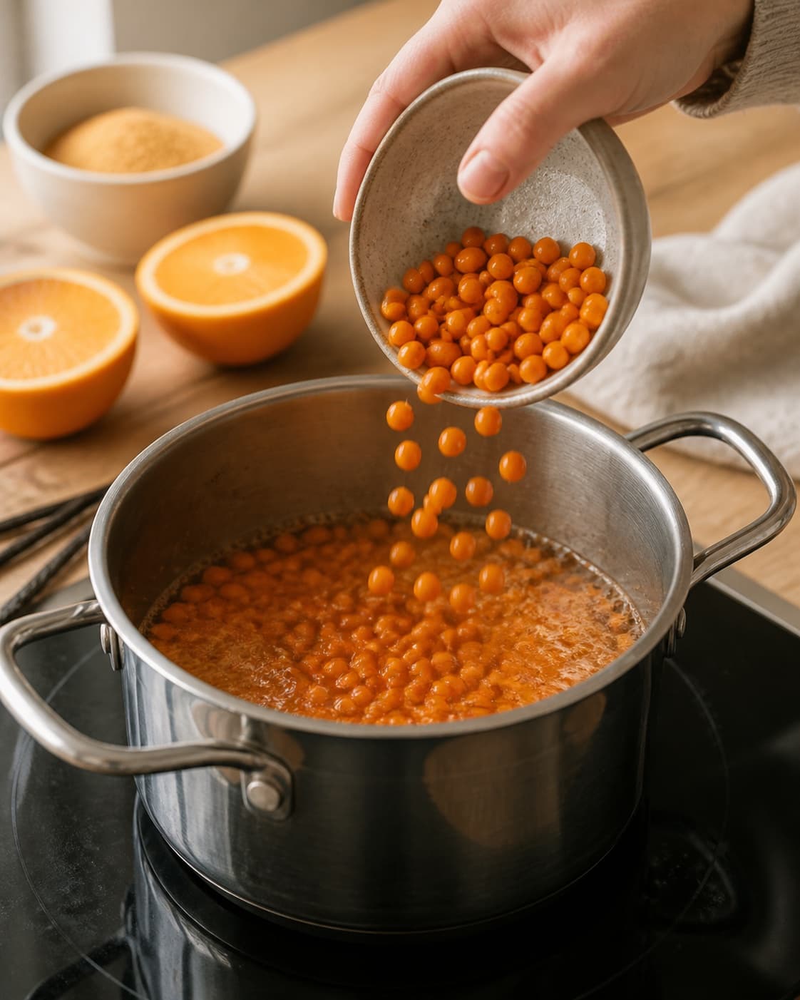 Ingredients for havtornmarmelade med appelsin og vanilje gently releasing juice in a pot under tilberedningen af havtornmarmelade med appelsin og vanilje