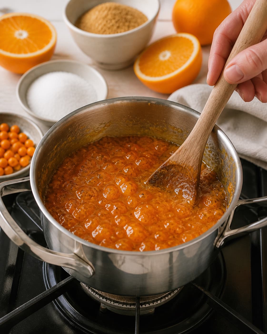 havtornmarmelade med appelsin og vanilje simmering to a glossy even consistency under tilberedningen af havtornmarmelade med appelsin og vanilje