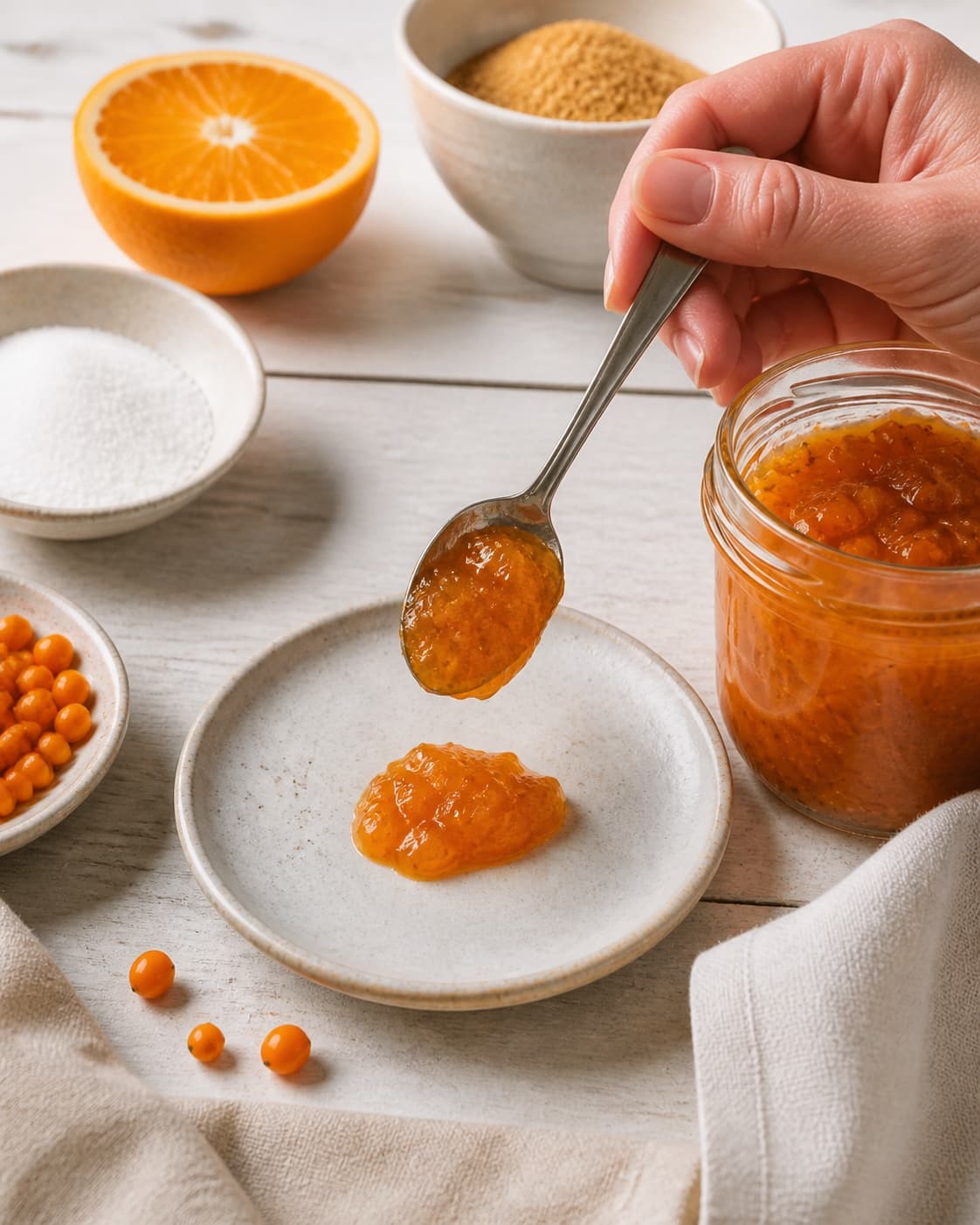 A chilled consistency test for havtornmarmelade med appelsin og vanilje on a small plate under tilberedningen af havtornmarmelade med appelsin og vanilje
