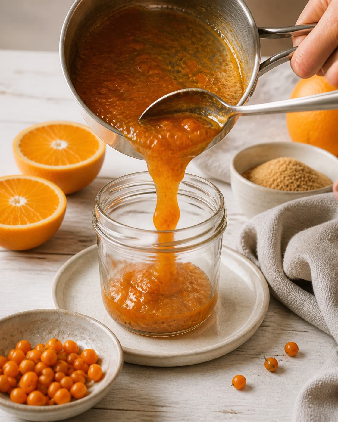 Hot finished havtornmarmelade med appelsin og vanilje being carefully transferred into a clean jar under tilberedningen af havtornmarmelade med appelsin og vanilje