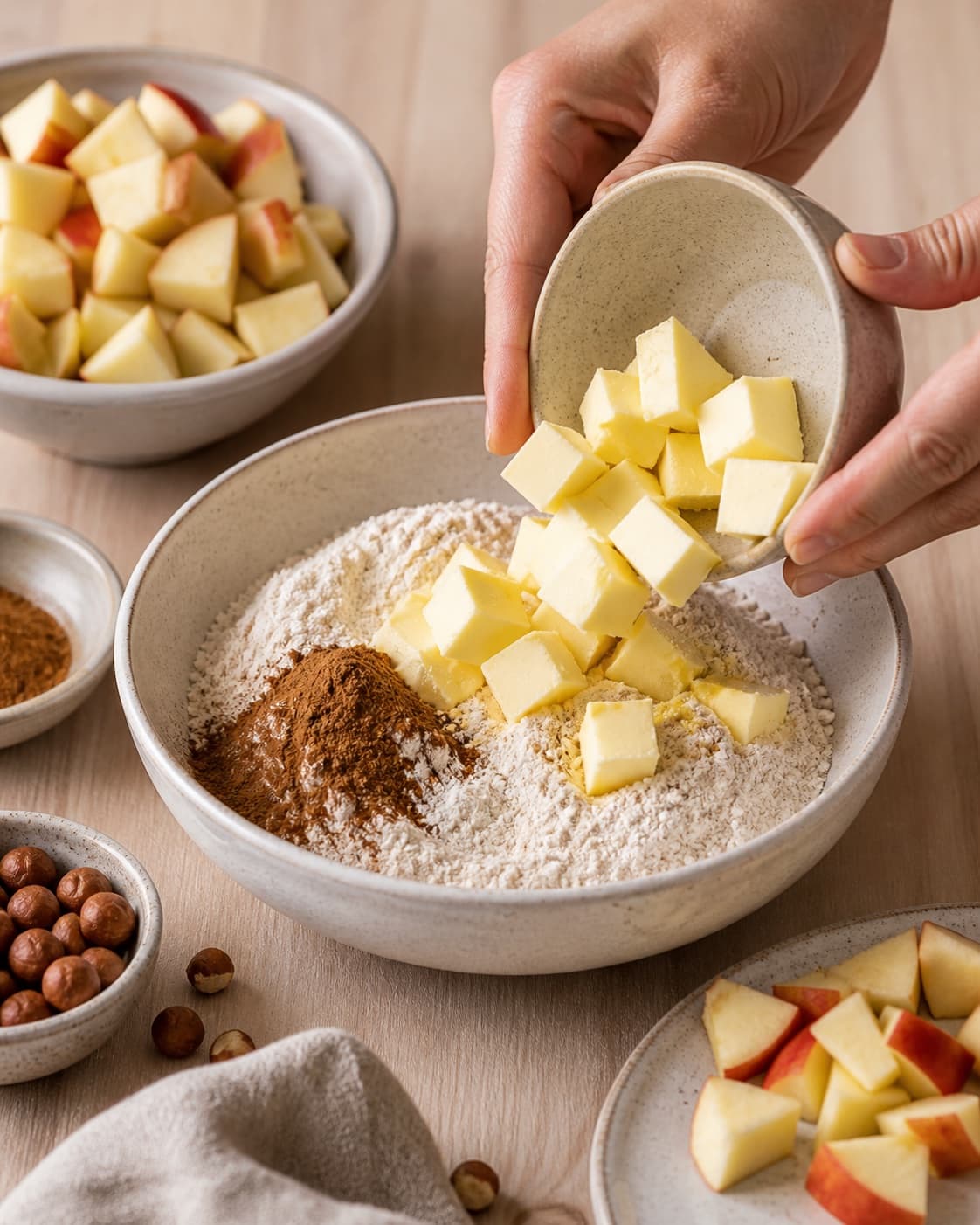 Measured ingredients for æblecrumble med kanel og nødder arranged separately with stødt kanel, syrlige æbler, hvedemel, smør under tilberedningen af æblecrumble med kanel og nødder