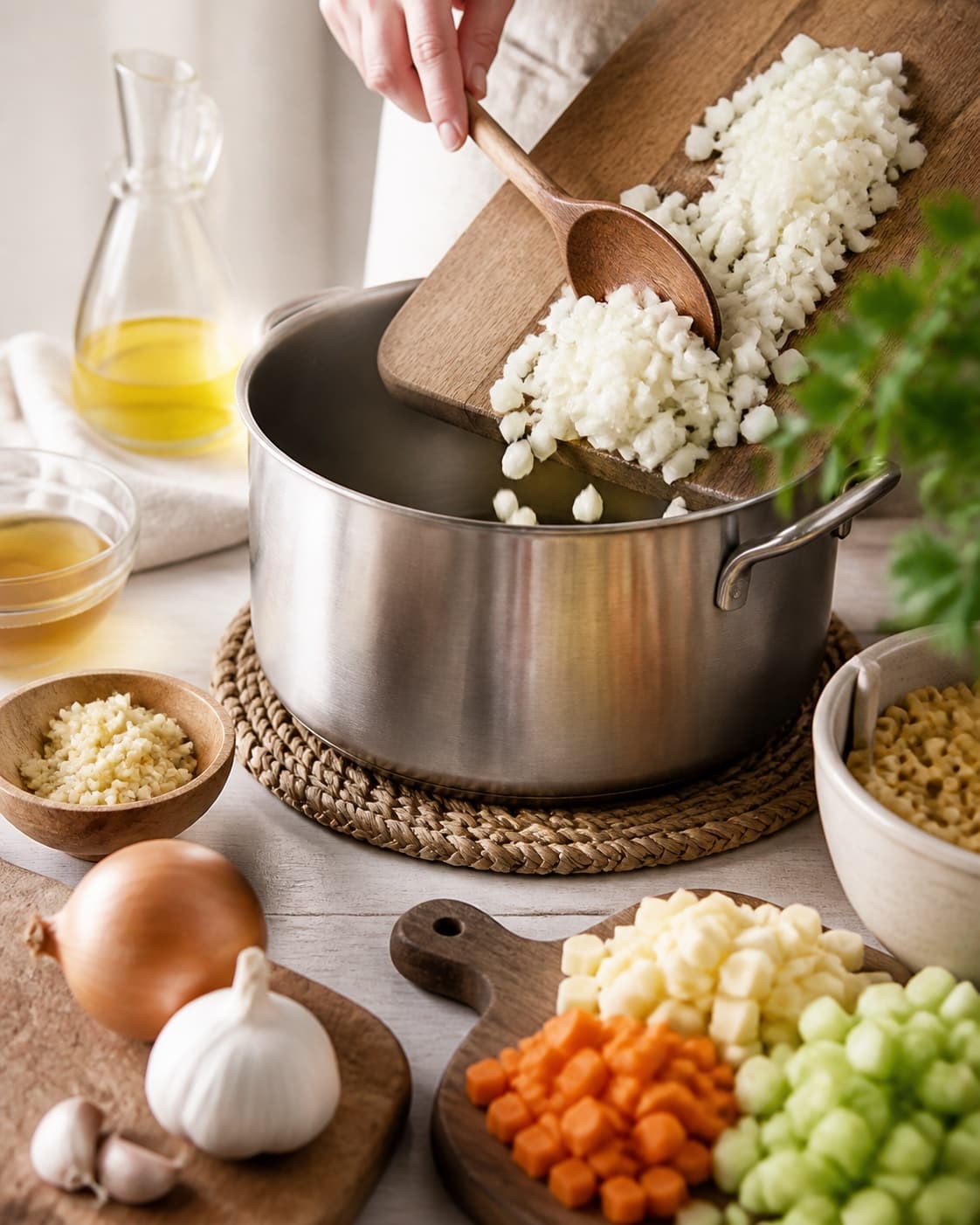 Mise en place for minestronesuppe with zittauerløg, hvidløg, grøntsags- eller kødfond, rapsolie under tilberedningen af minestronesuppe