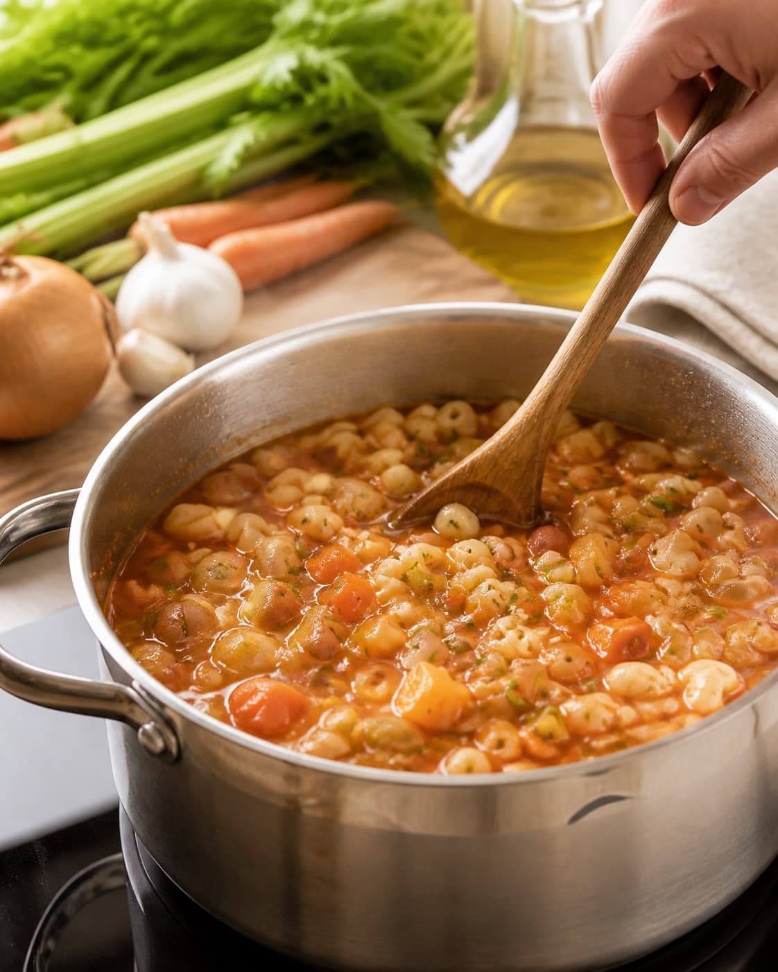 minestronesuppe gently simmering with visible ingredients under tilberedningen af minestronesuppe