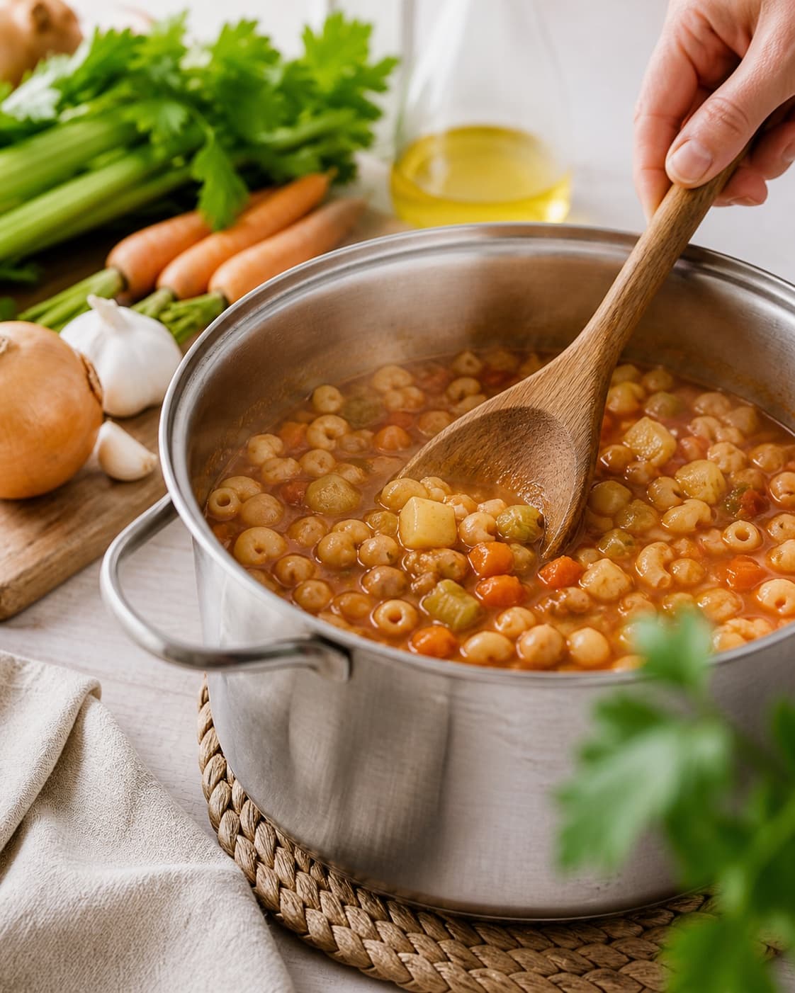 The texture of minestronesuppe being adjusted in the pot under tilberedningen af minestronesuppe