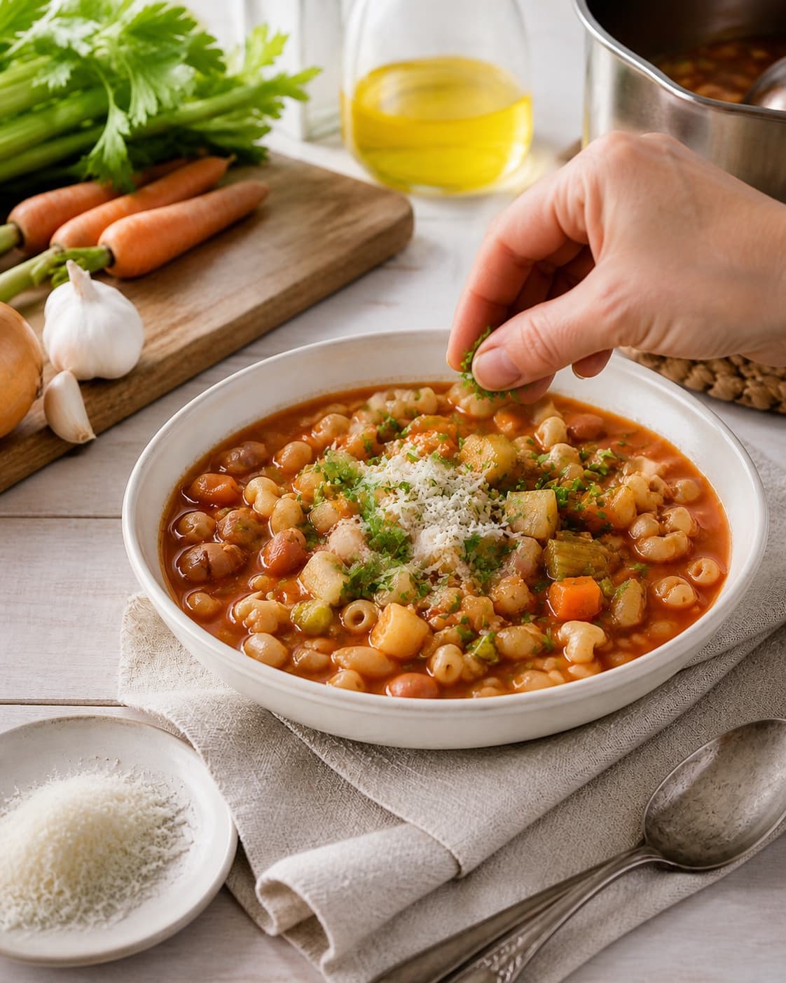 Finished minestronesuppe being served with a fresh restrained garnish under tilberedningen af minestronesuppe