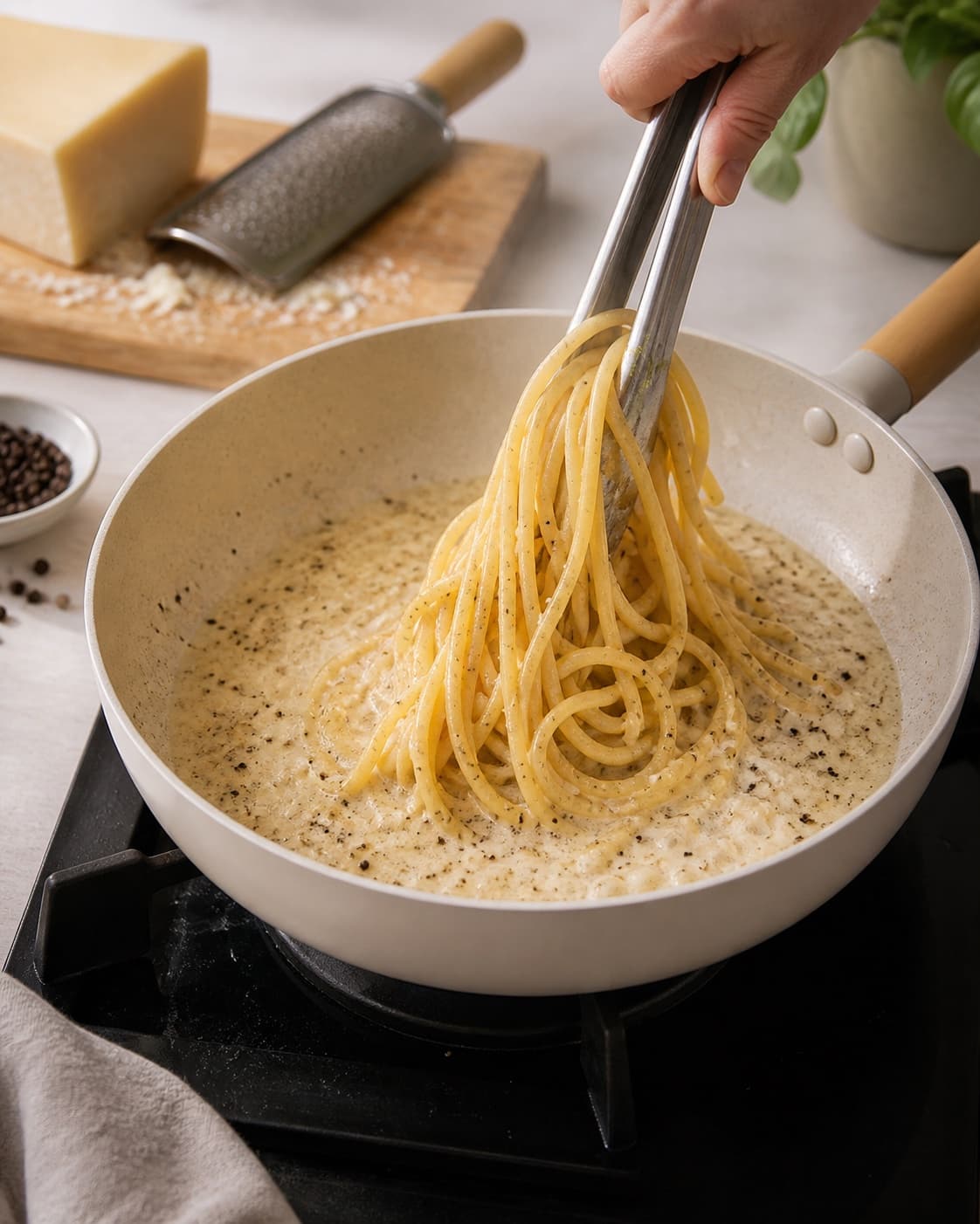 Sauce base for cacio e pepe cooking gently with spaghetti, pecorino romano, hele sorte peberkorn, tørret pasta under tilberedningen af cacio e pepe