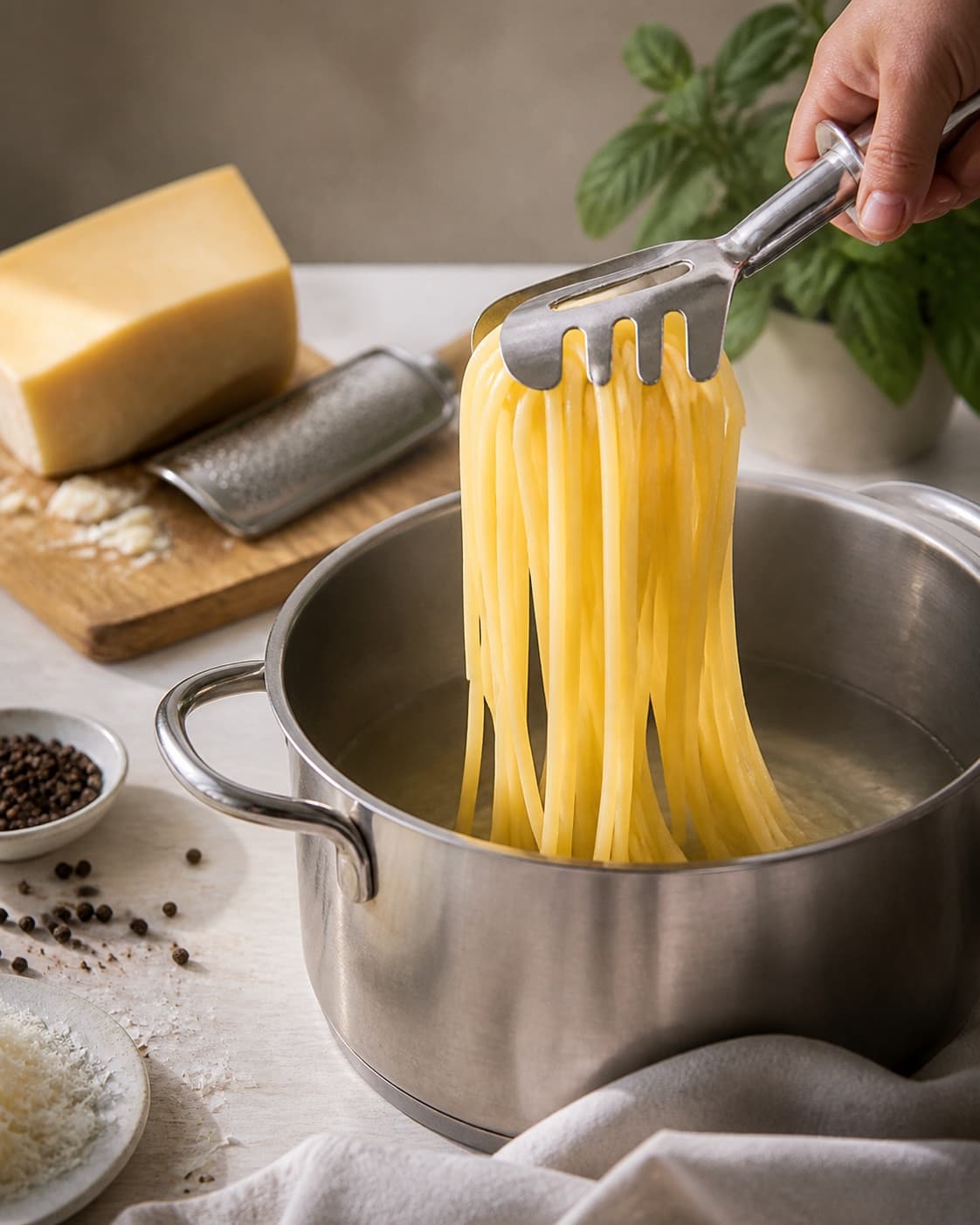 Pasta for cacio e pepe being lifted from boiling water under tilberedningen af cacio e pepe