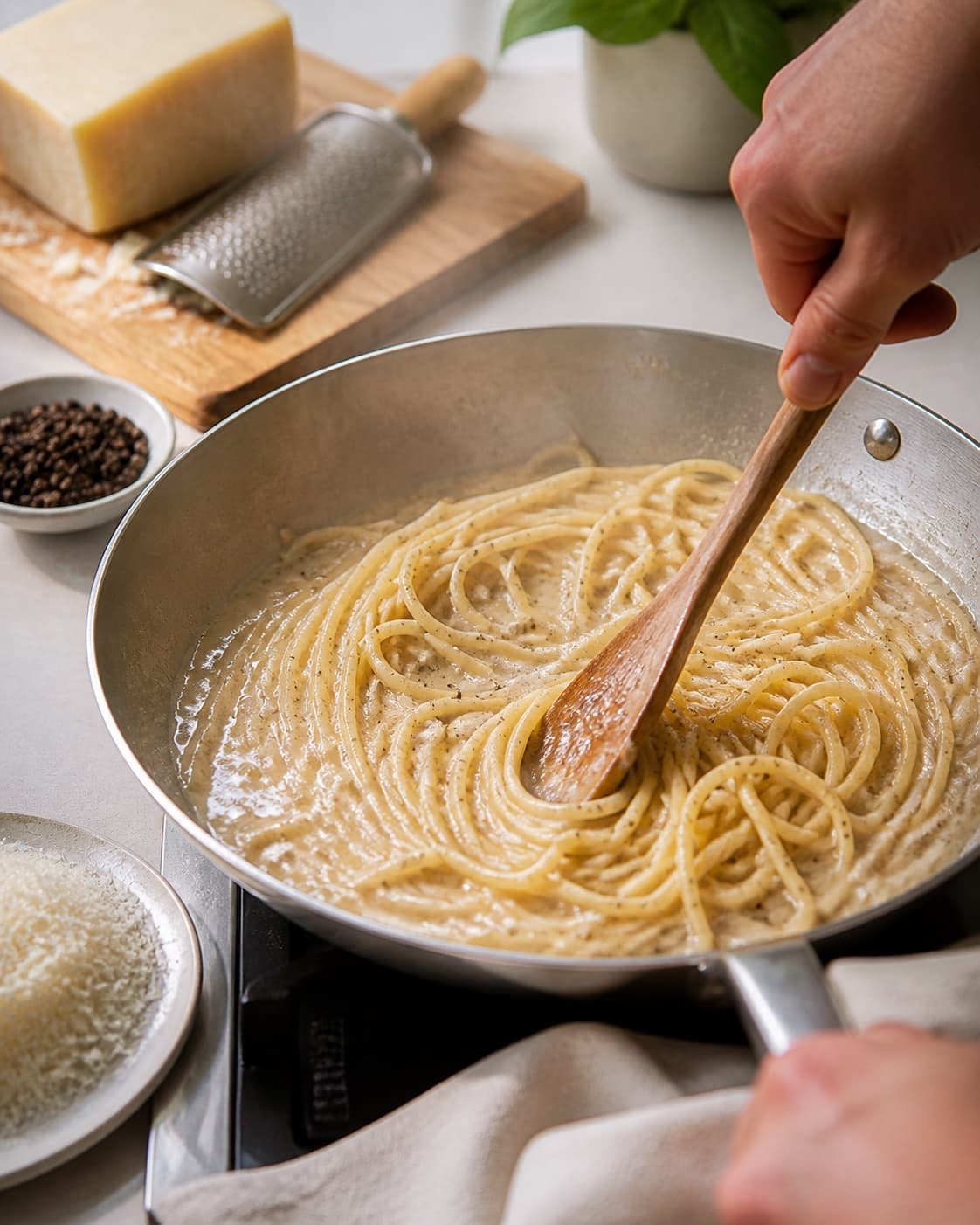 cacio e pepe being emulsified in a broad pan under tilberedningen af cacio e pepe