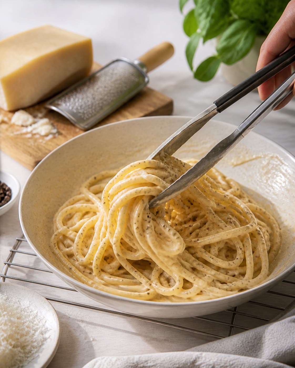 Creamy texture of cacio e pepe being adjusted off the heat under tilberedningen af cacio e pepe