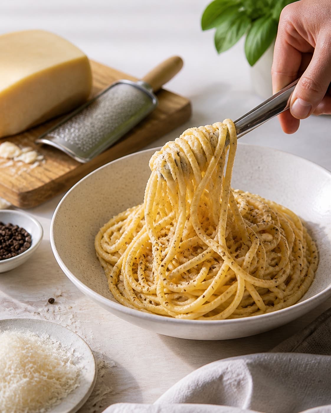 Finished cacio e pepe plated immediately with restrained garnish under tilberedningen af cacio e pepe
