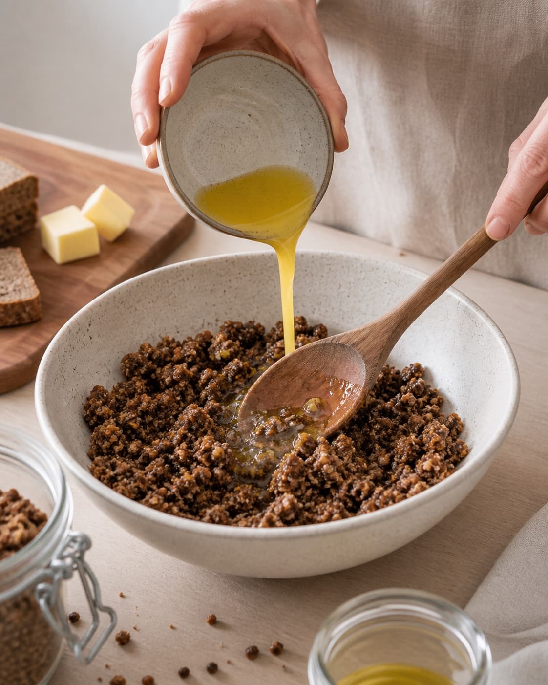 Prepared dry ingredients for ymerdrys af rugbrødsrester – knasende sprød! with mørkt rugbrød, brun farin, smør, rapsolie under tilberedningen af ymerdrys af rugbrødsrester – knasende sprød!