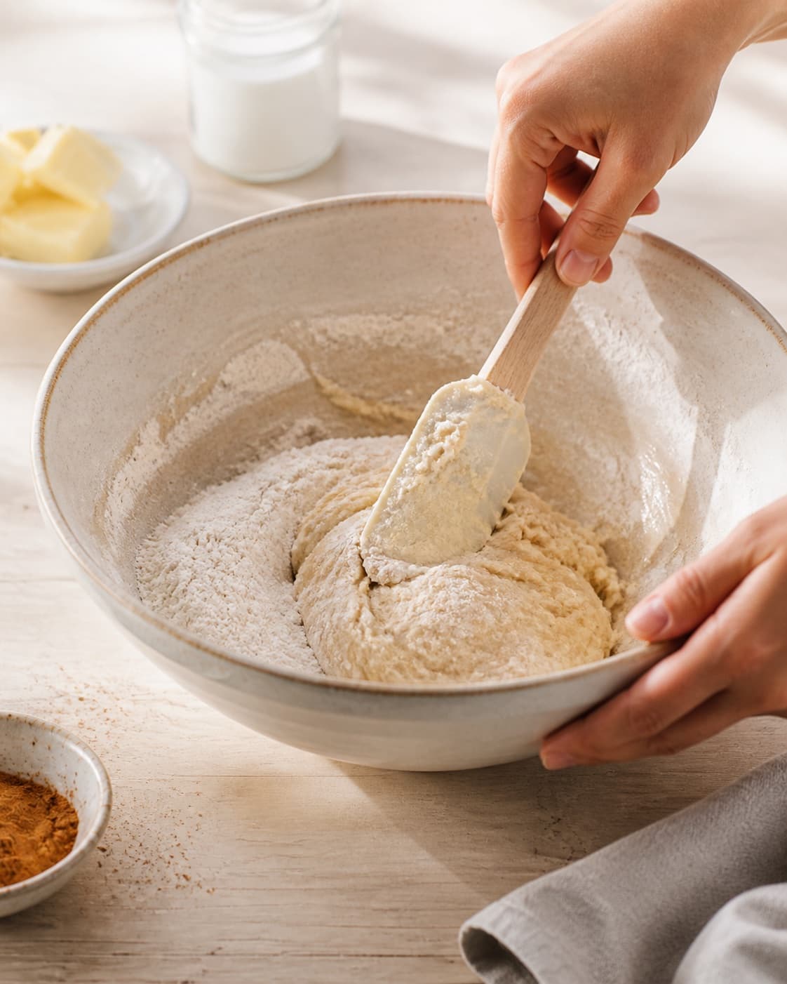 The batter or dough for kanelsnurrer being gently combined under tilberedningen af kanelsnurrer