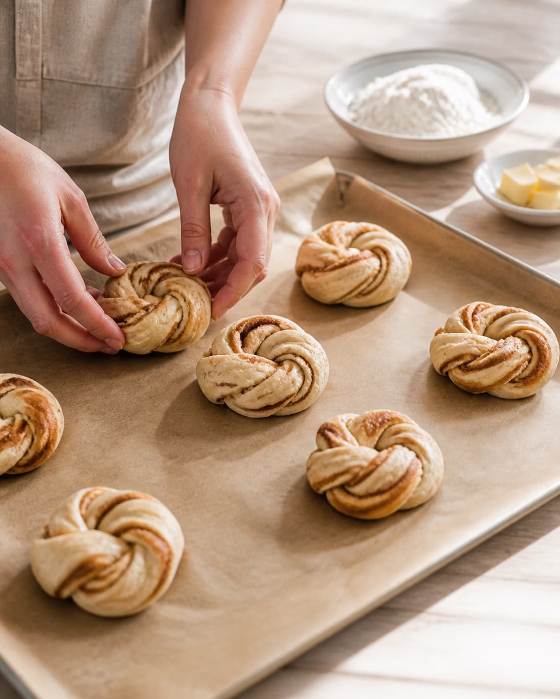 kanelsnurrer being portioned evenly before baking under tilberedningen af kanelsnurrer