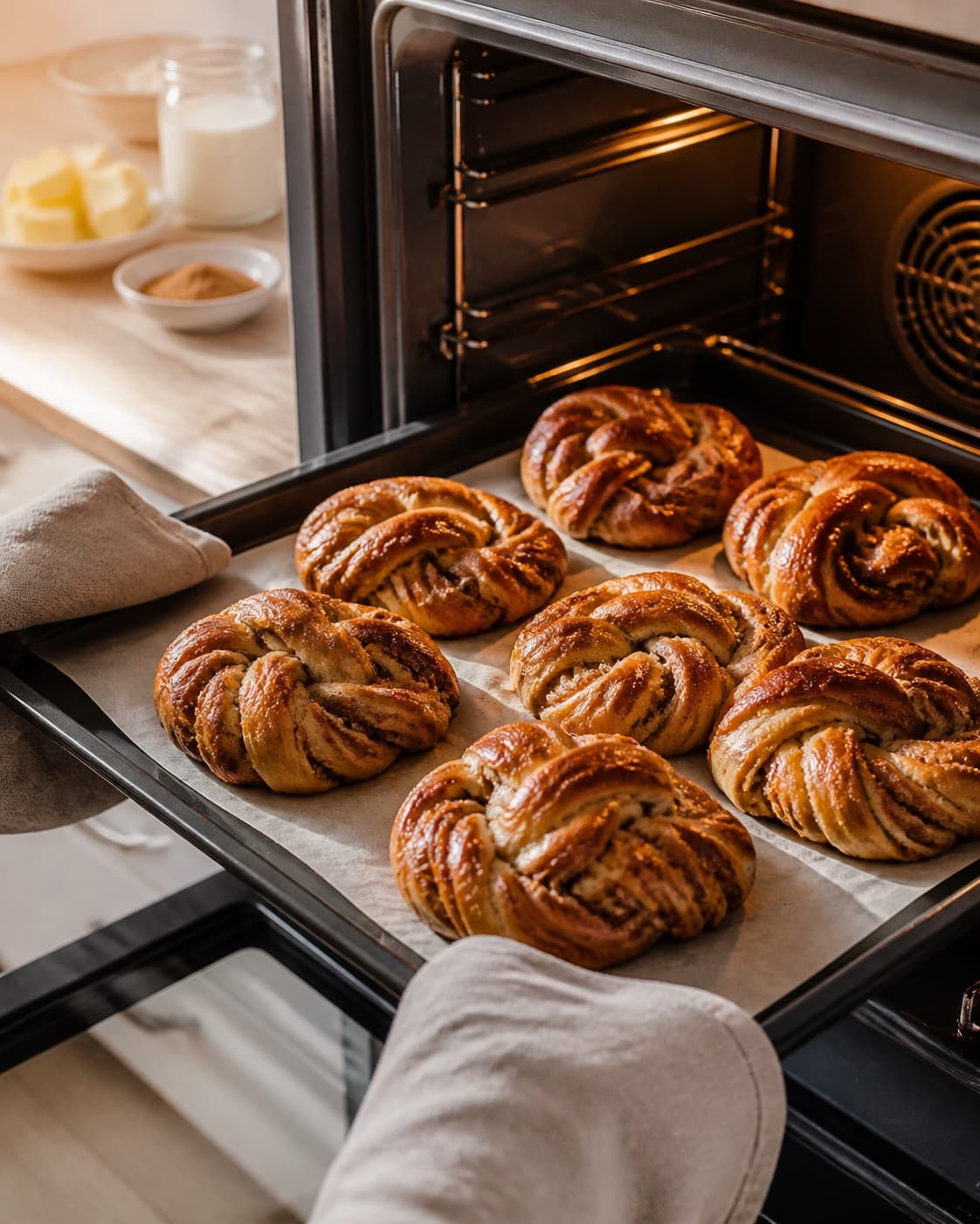 kanelsnurrer baking until golden with a visibly set centre under tilberedningen af kanelsnurrer