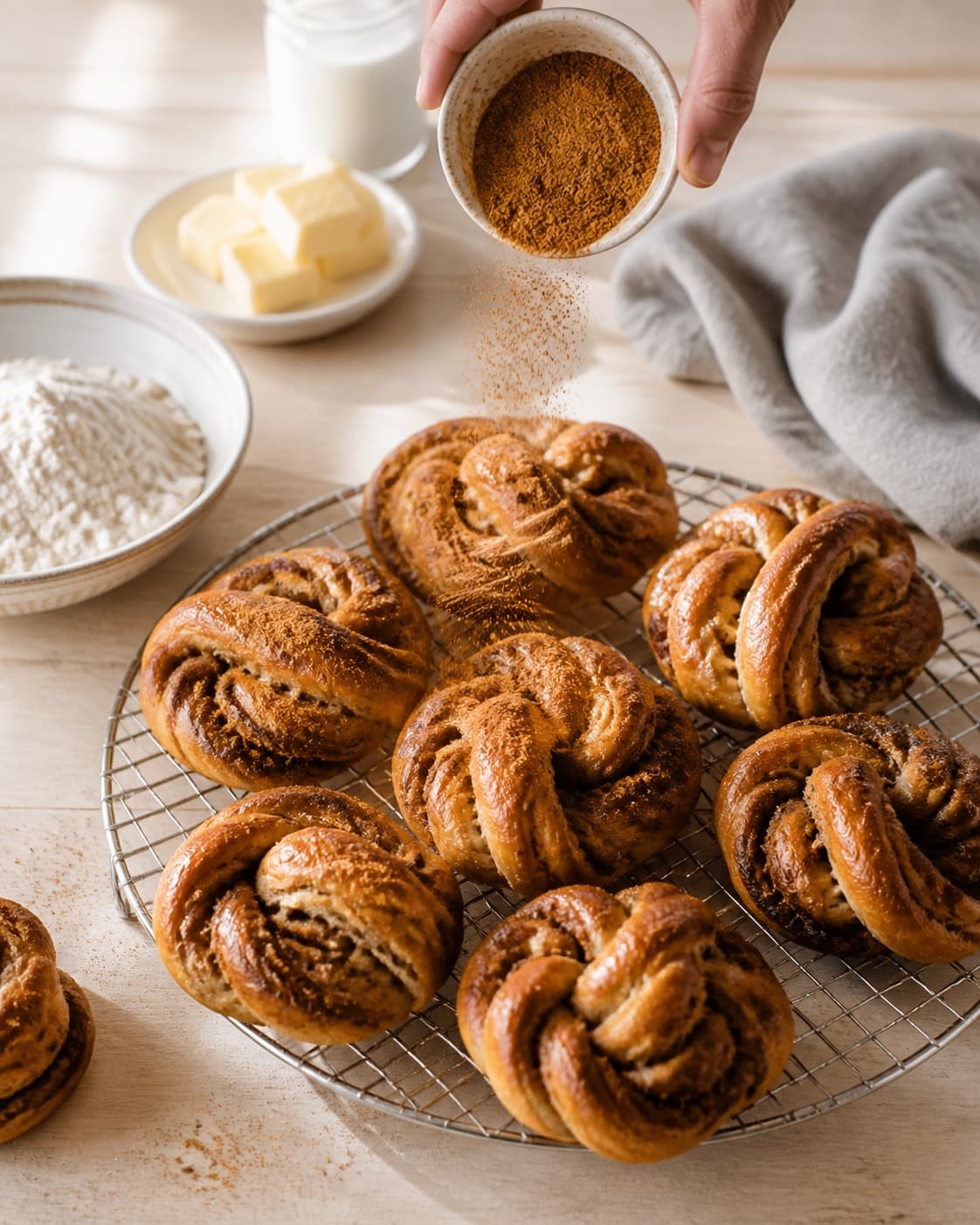 Finished kanelsnurrer receiving its final garnish after cooling under tilberedningen af kanelsnurrer