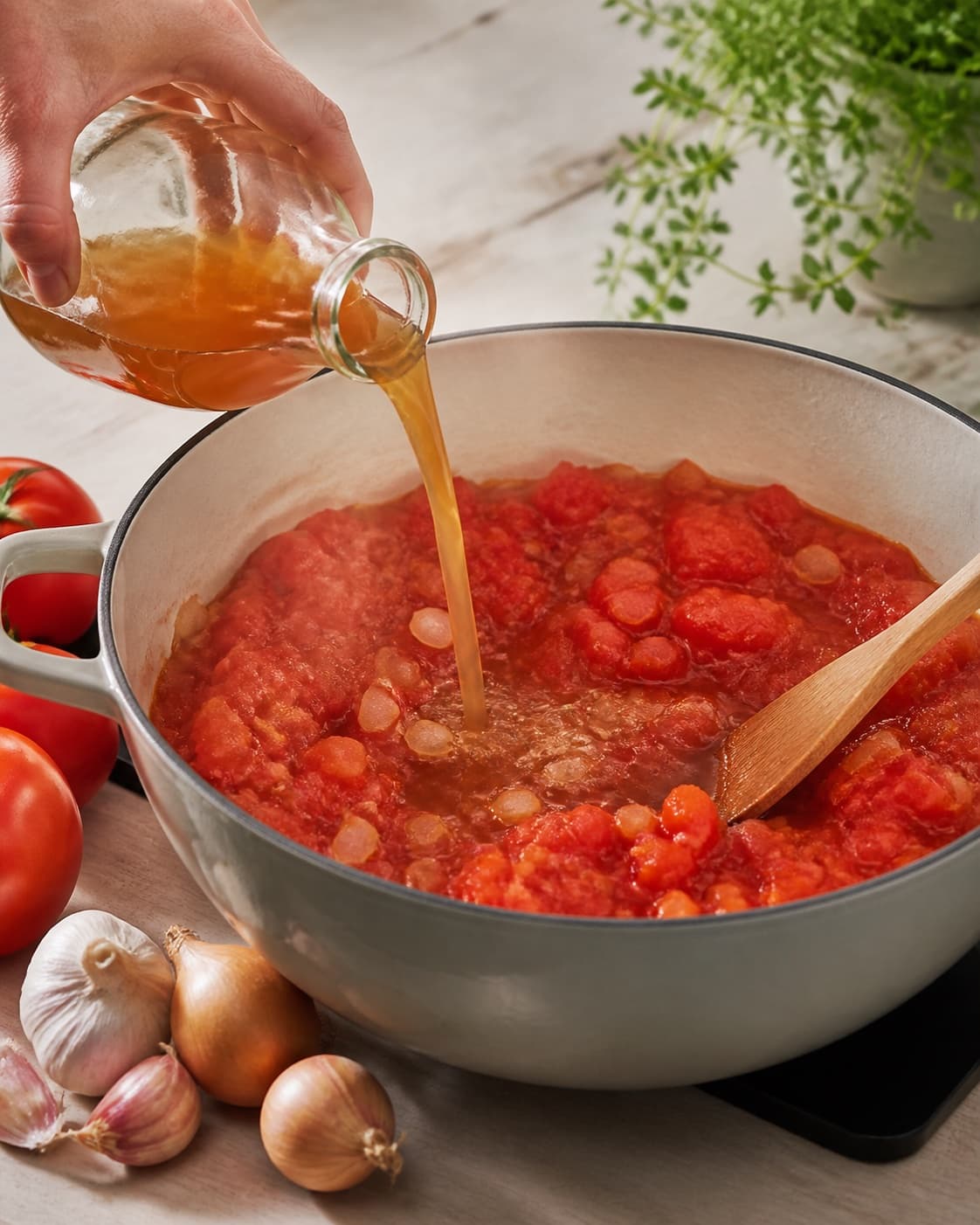 Mise en place for tomatsauce på 5 min with modne tomater, zittauerløg, hvidløg, grøntsags- eller kødfond under tilberedningen af tomatsauce på 5 min