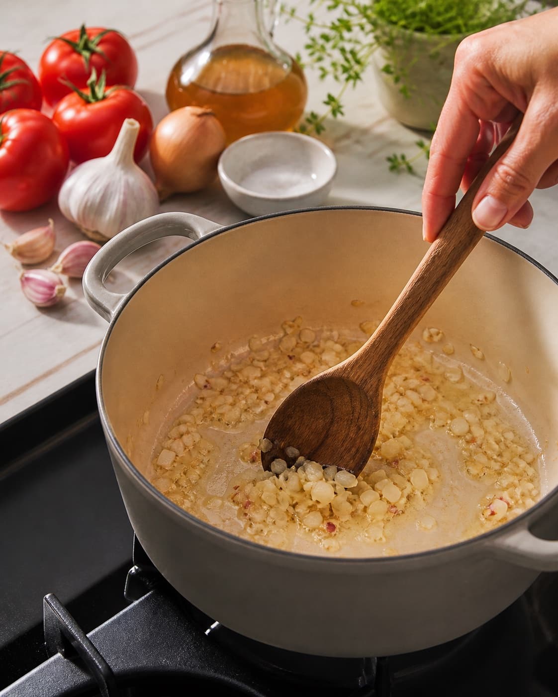 Aromatic base for tomatsauce på 5 min gently cooking in a pot under tilberedningen af tomatsauce på 5 min