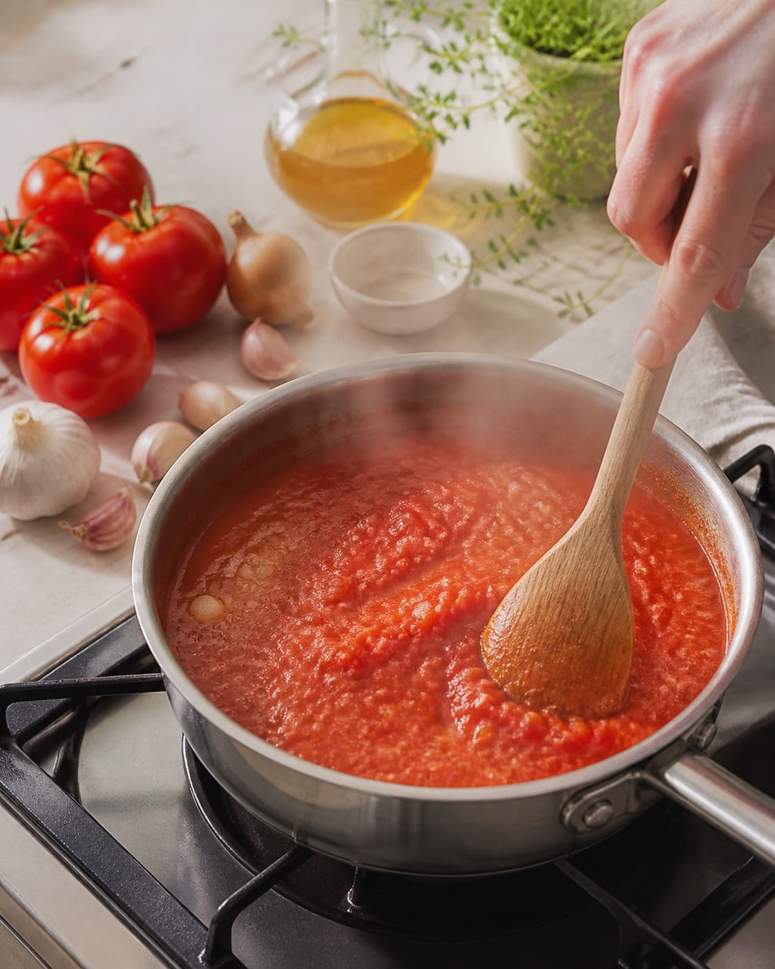 tomatsauce på 5 min gently simmering with visible ingredients under tilberedningen af tomatsauce på 5 min