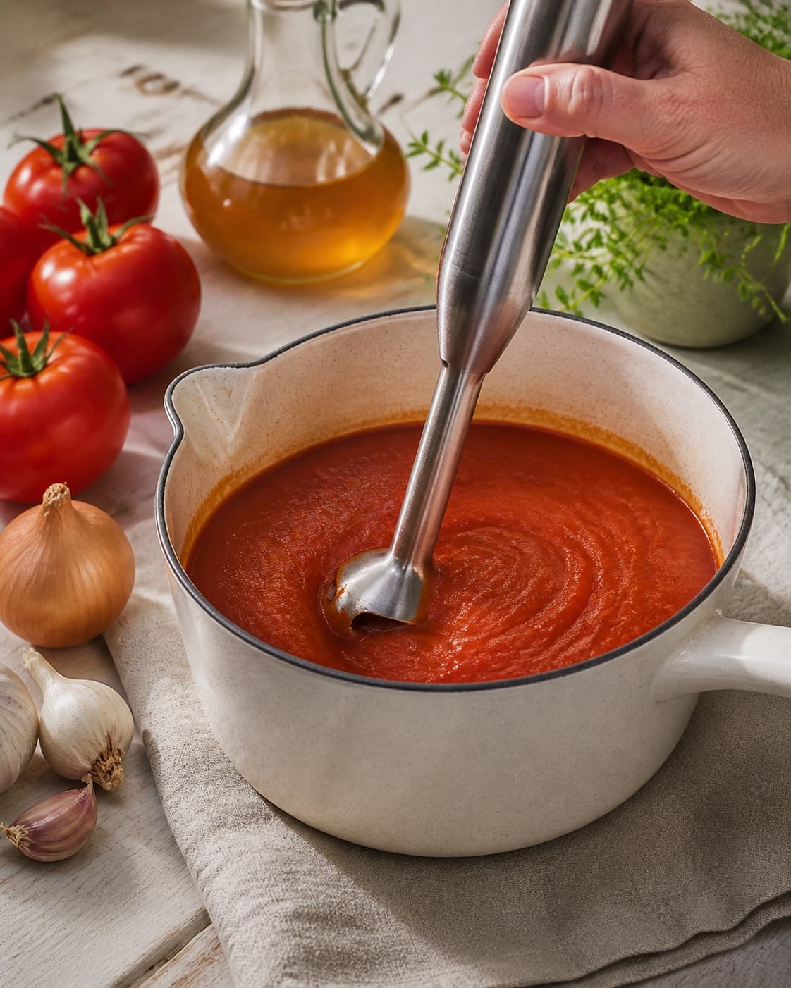 The texture of tomatsauce på 5 min being adjusted in the pot under tilberedningen af tomatsauce på 5 min