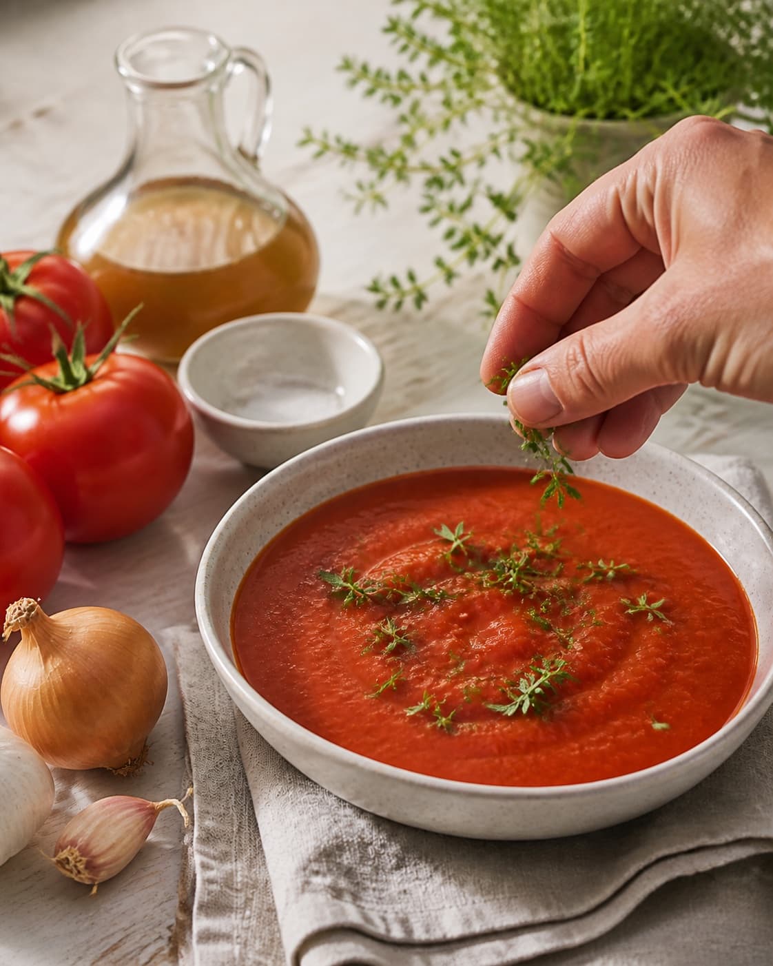 Finished tomatsauce på 5 min being served with a fresh restrained garnish under tilberedningen af tomatsauce på 5 min
