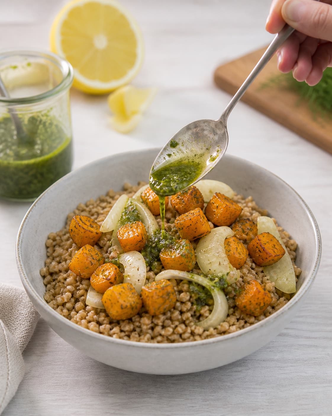 Clean prepared ingredients for hvedekernesalat med græskar og urteolie with kogte hvedekerner, urteolie, butternut squash, økologisk citron under tilberedningen af hvedekernesalat med græskar og urteolie