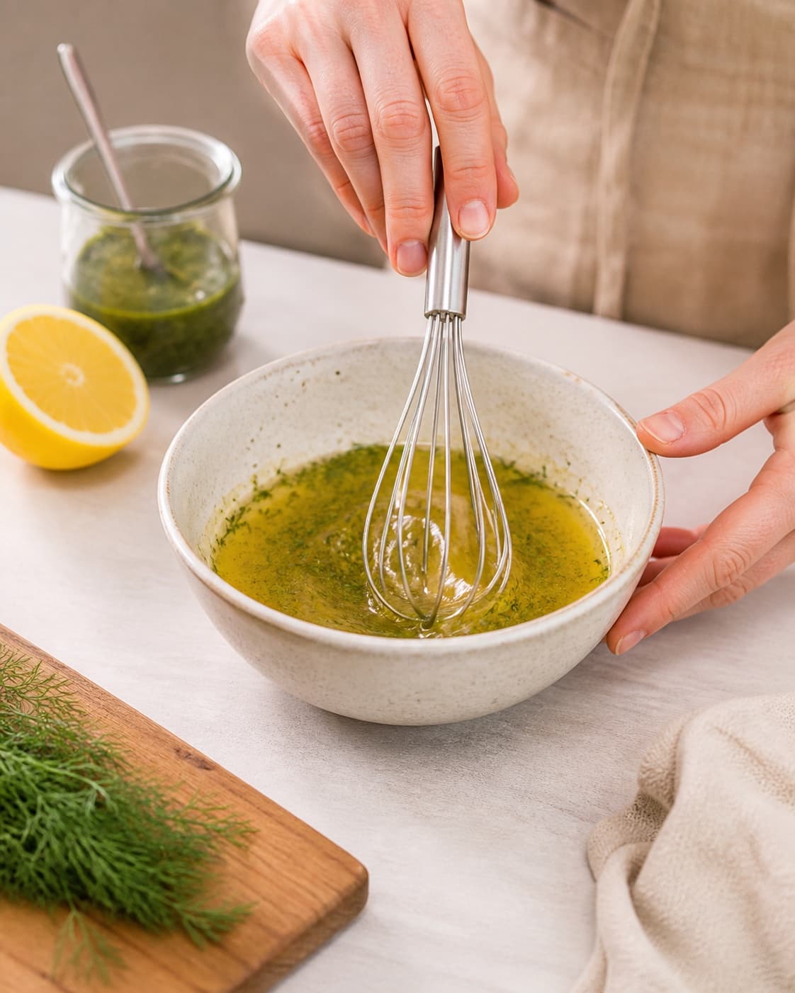 Dressing for hvedekernesalat med græskar og urteolie being whisked until glossy under tilberedningen af hvedekernesalat med græskar og urteolie